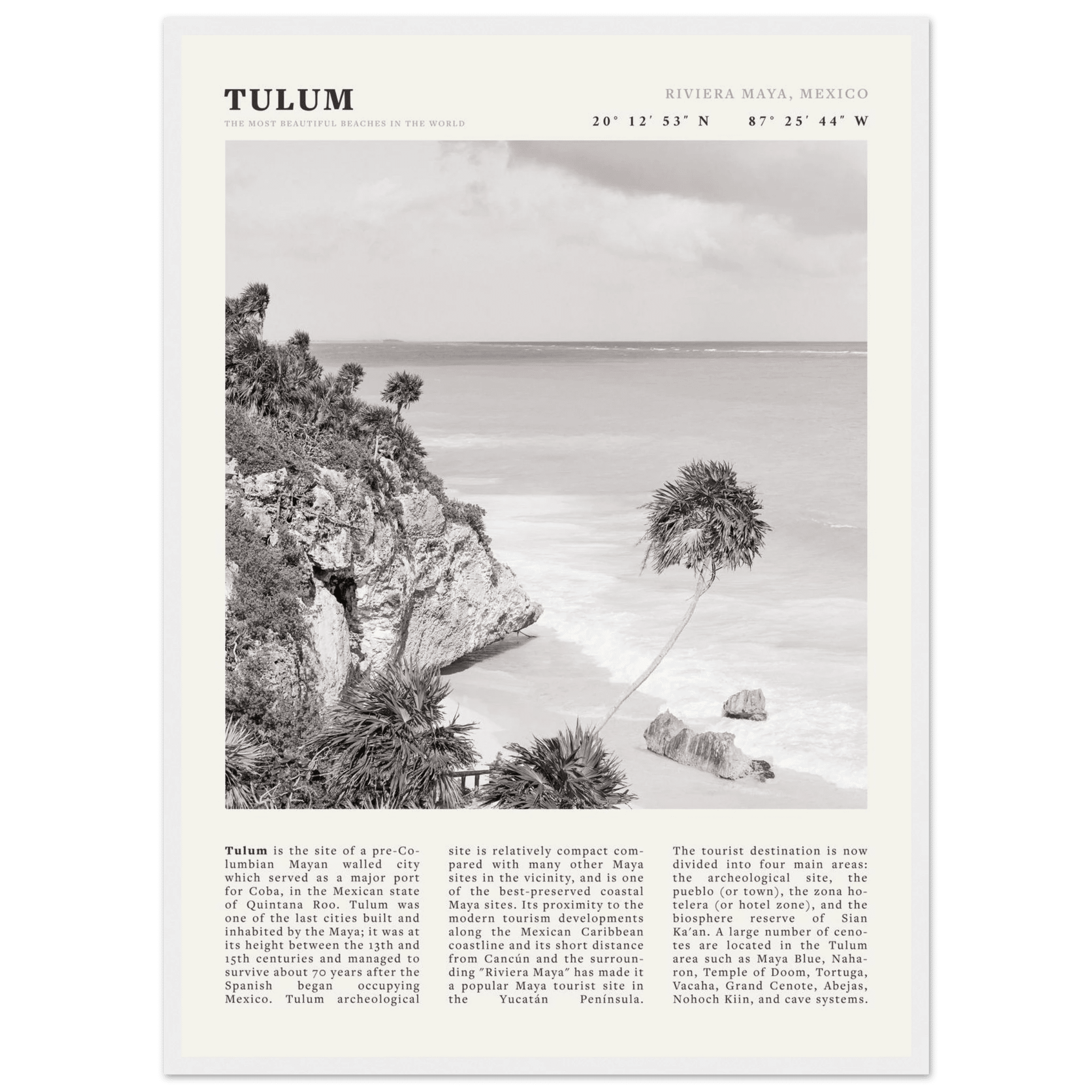 Tulum Poster | Black & White Riviera Maya Mexico Wall Art | Beach Travel Print - Evergreen Posters