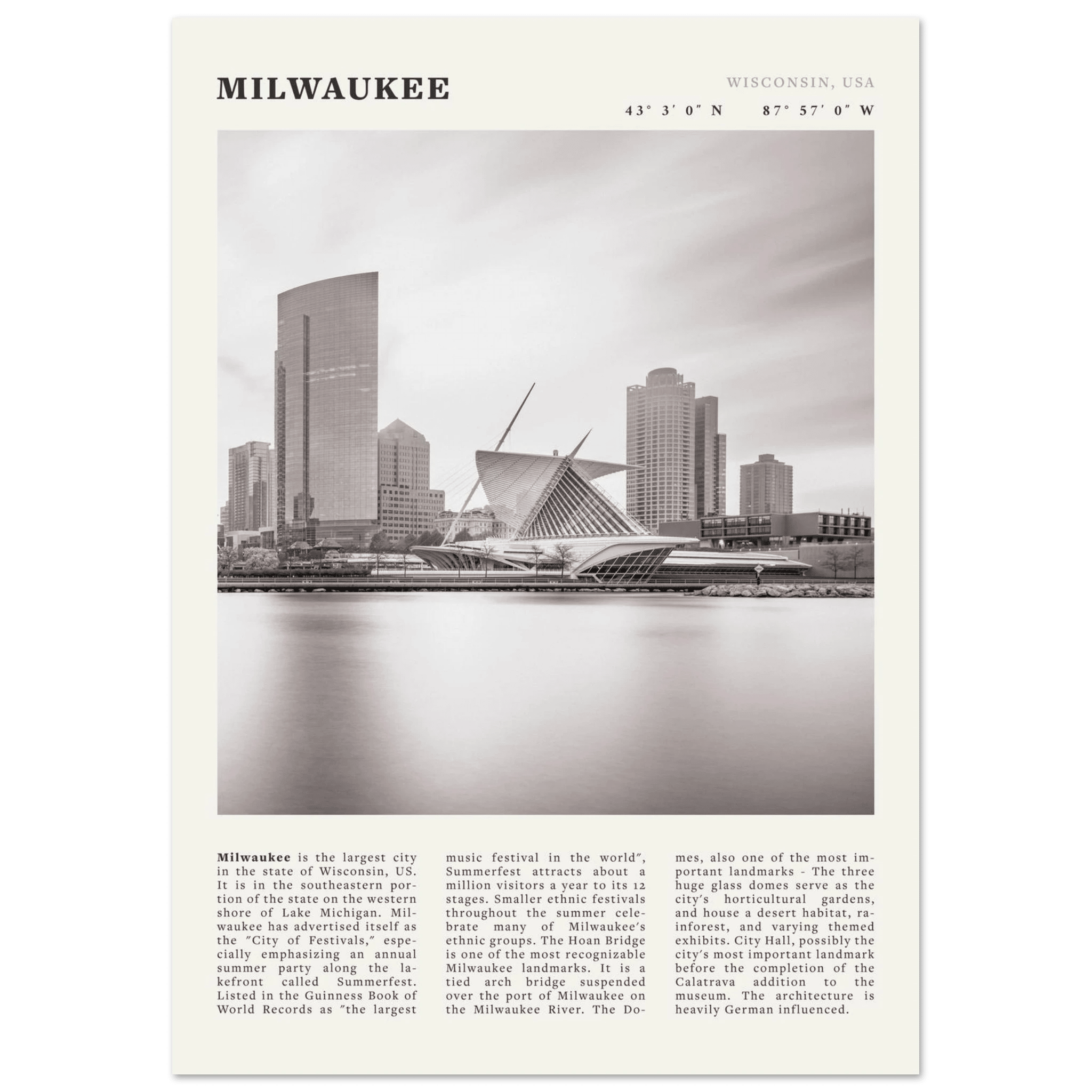 Milwaukee Poster | Black & White Wisconsin City Wall Art | USA Travel Print - Evergreen Posters