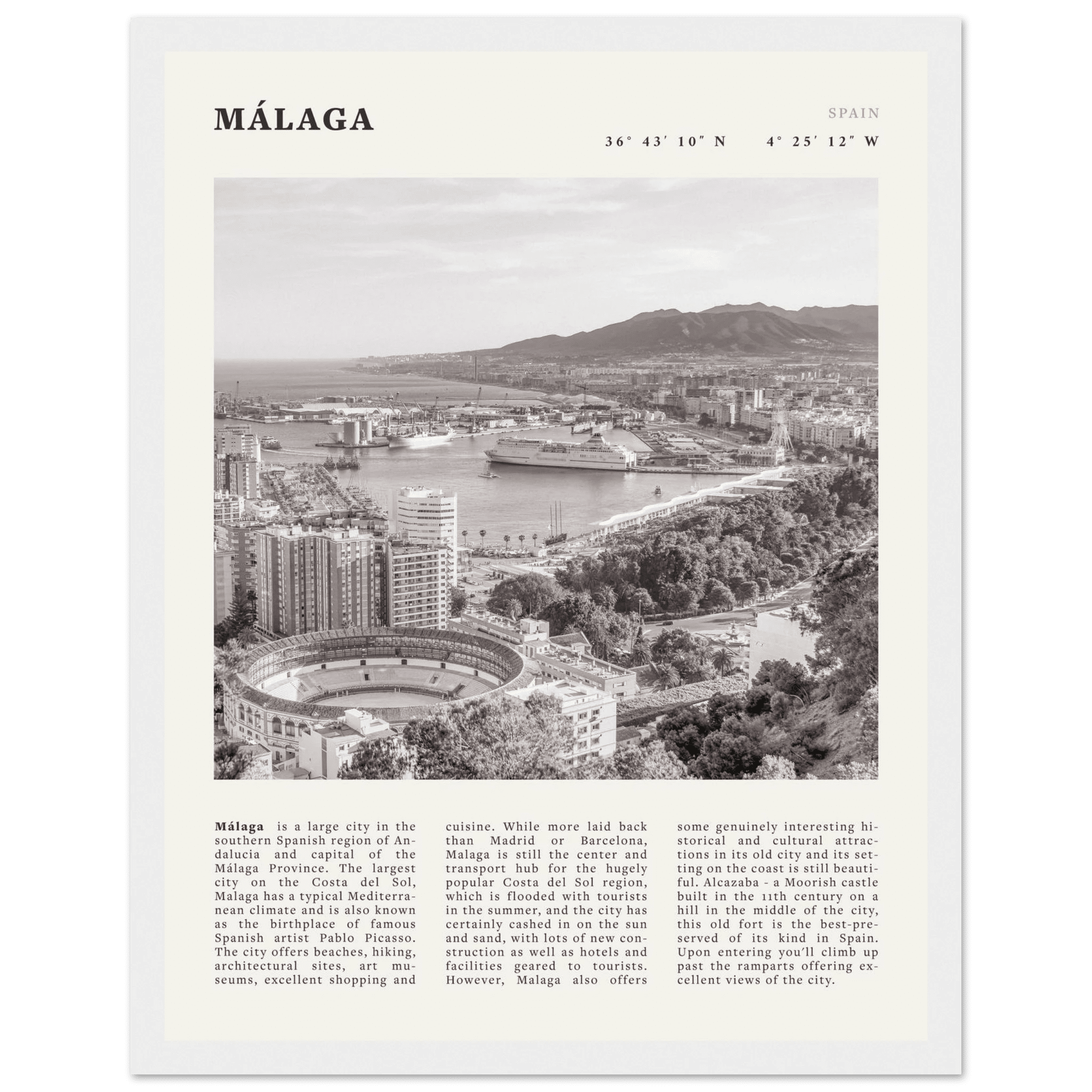 Málaga Poster | Black & White Costa del Sol Wall Art | Spain Travel Print - Evergreen Posters