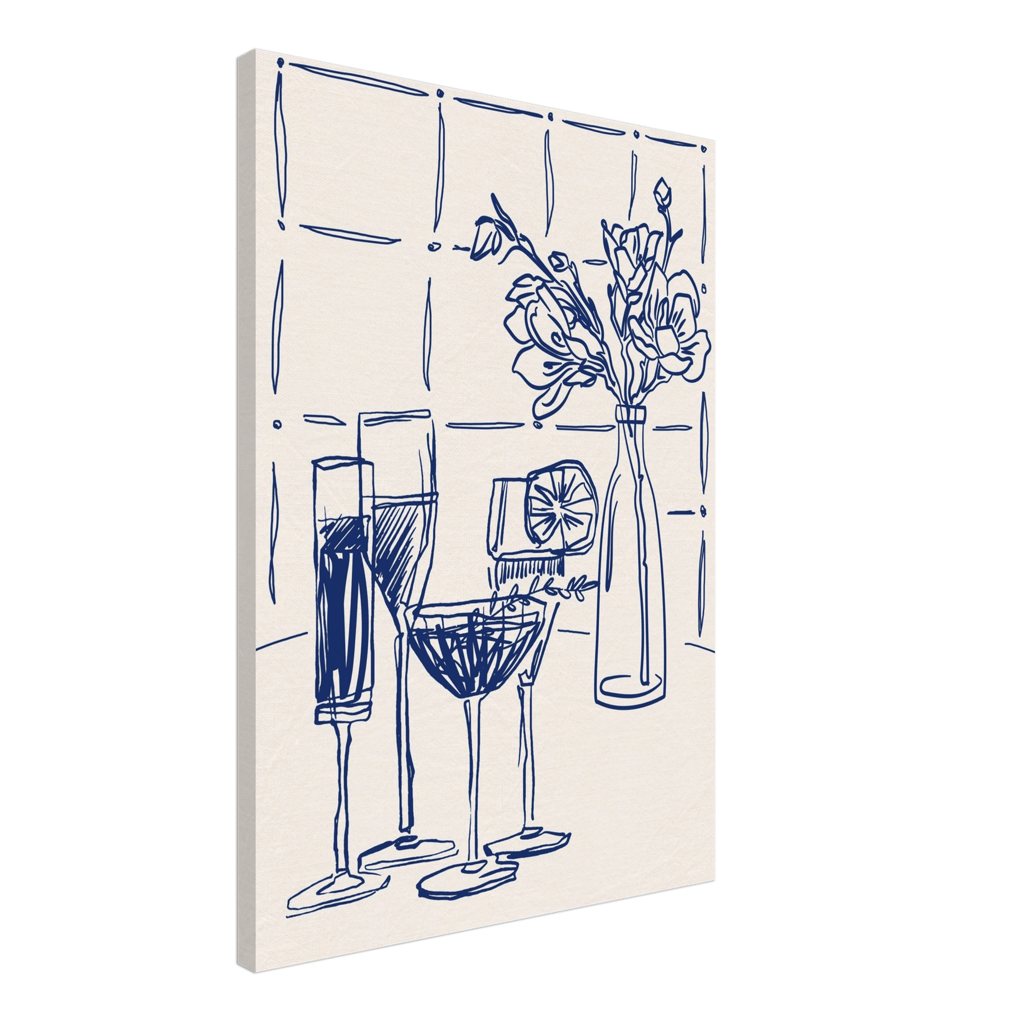 Cocktails & Flowers Print | Navy Blue Line Art Drinks Wall Art | Kitchen Bar Poster - Evergreen Posters