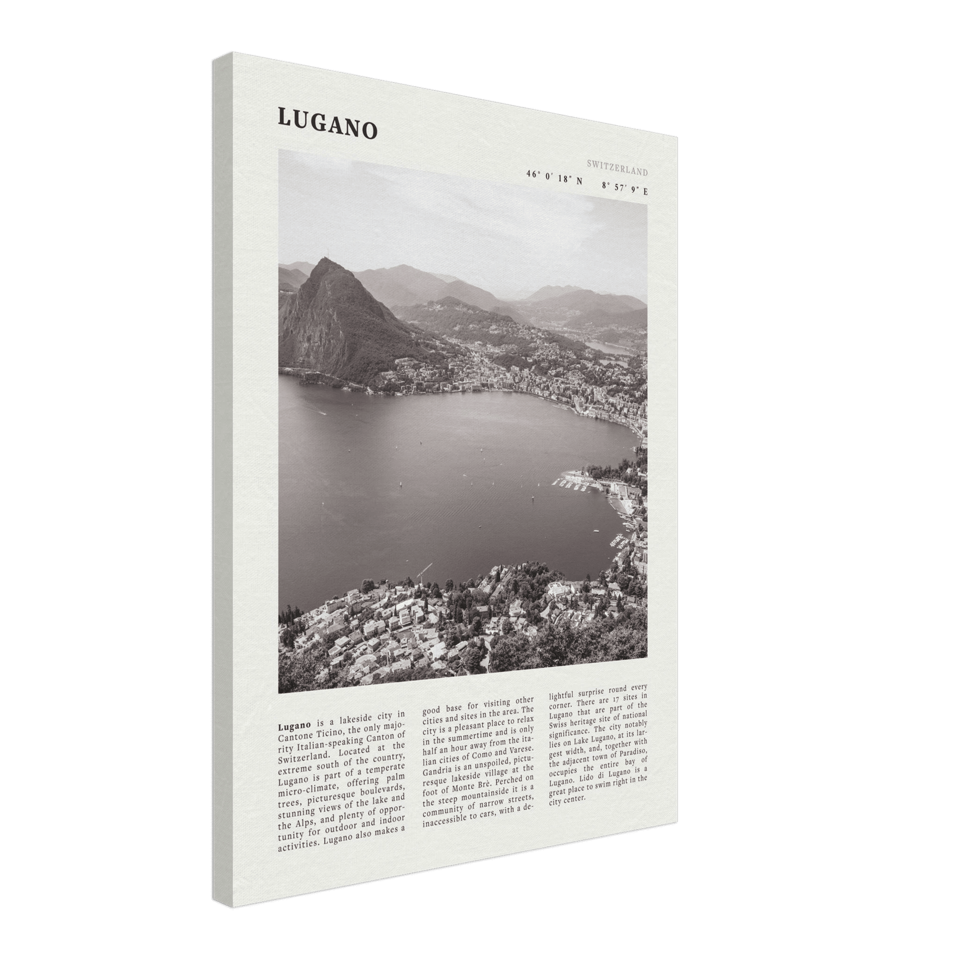 Lugano Poster | Black & White Swiss Lake Wall Art | Switzerland Travel Print - Evergreen Posters