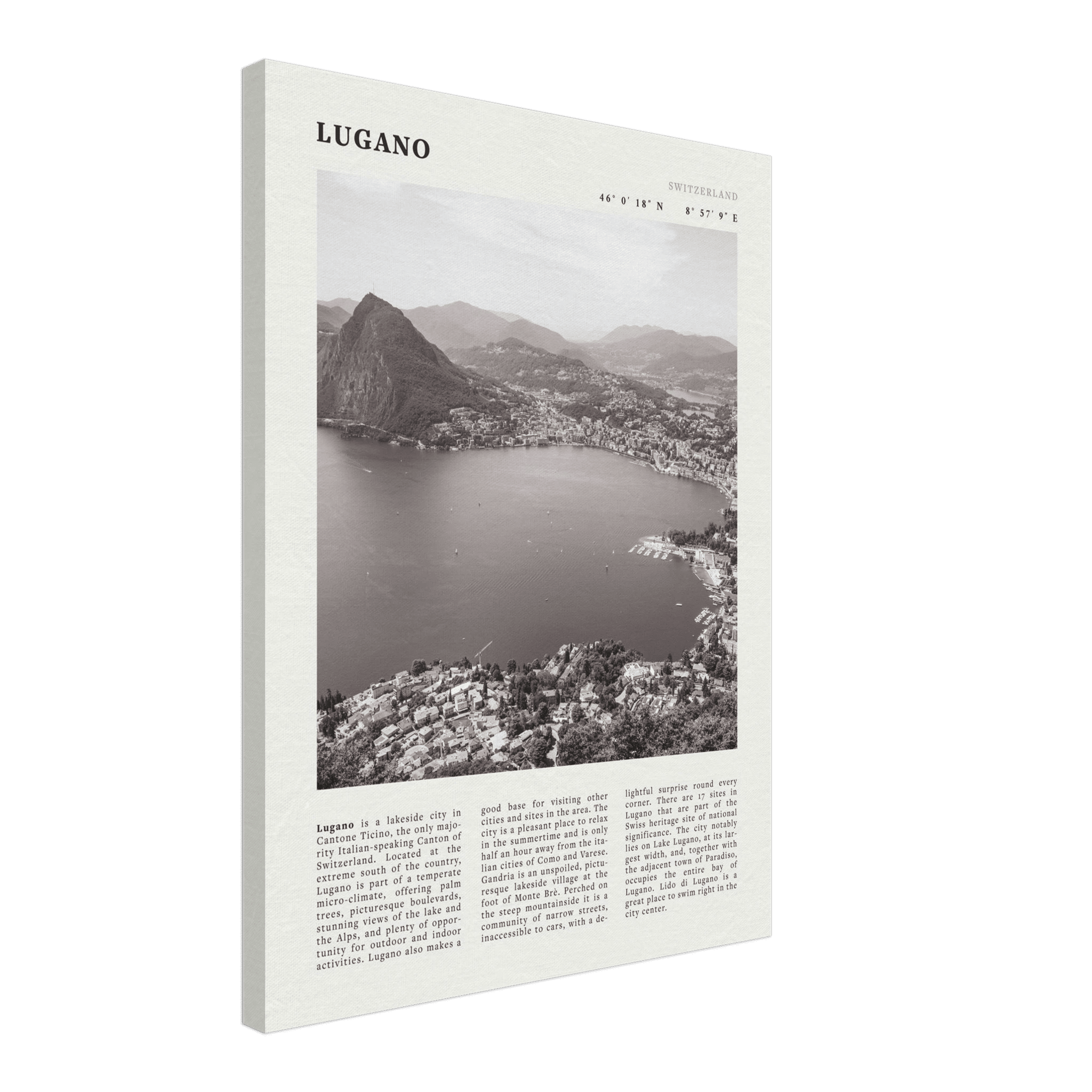 Lugano Poster | Black & White Swiss Lake Wall Art | Switzerland Travel Print - Evergreen Posters