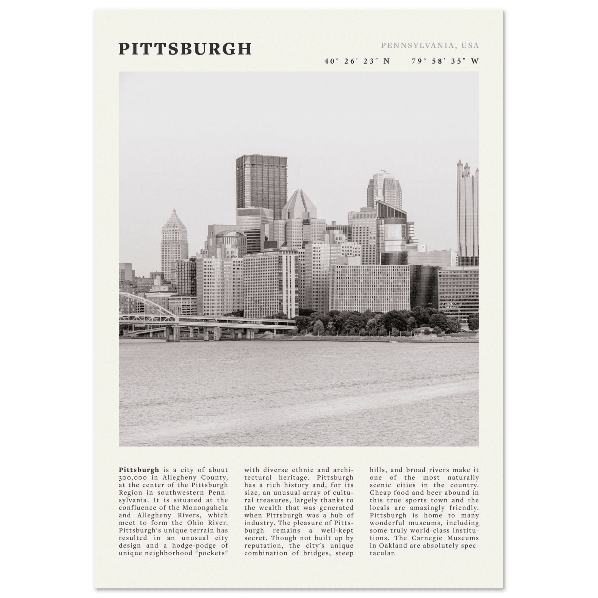 Pittsburgh Poster | Black & White Pennsylvania Skyline Wall Art | PA Travel Print - Evergreen Posters