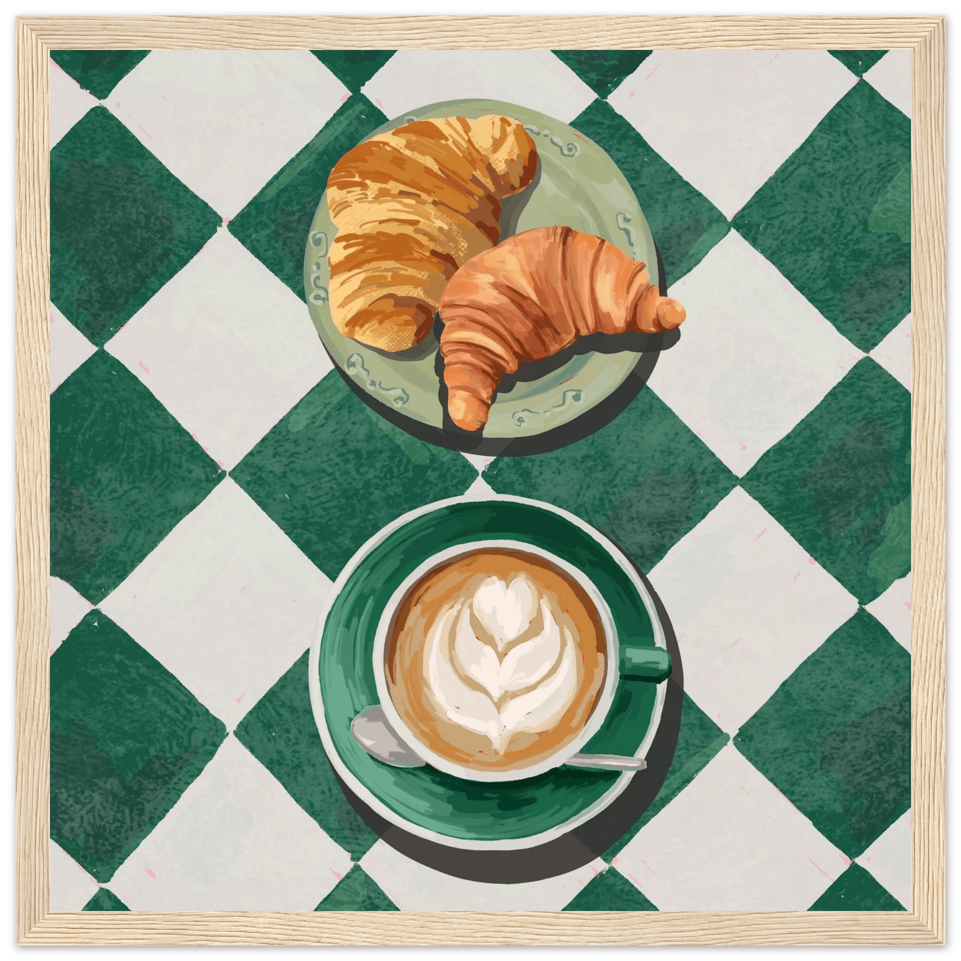 Croissant & Latte Poster | Classic Kitchen Wall Art | Green Tile Square Breakfast Print - Evergreen Posters - 14