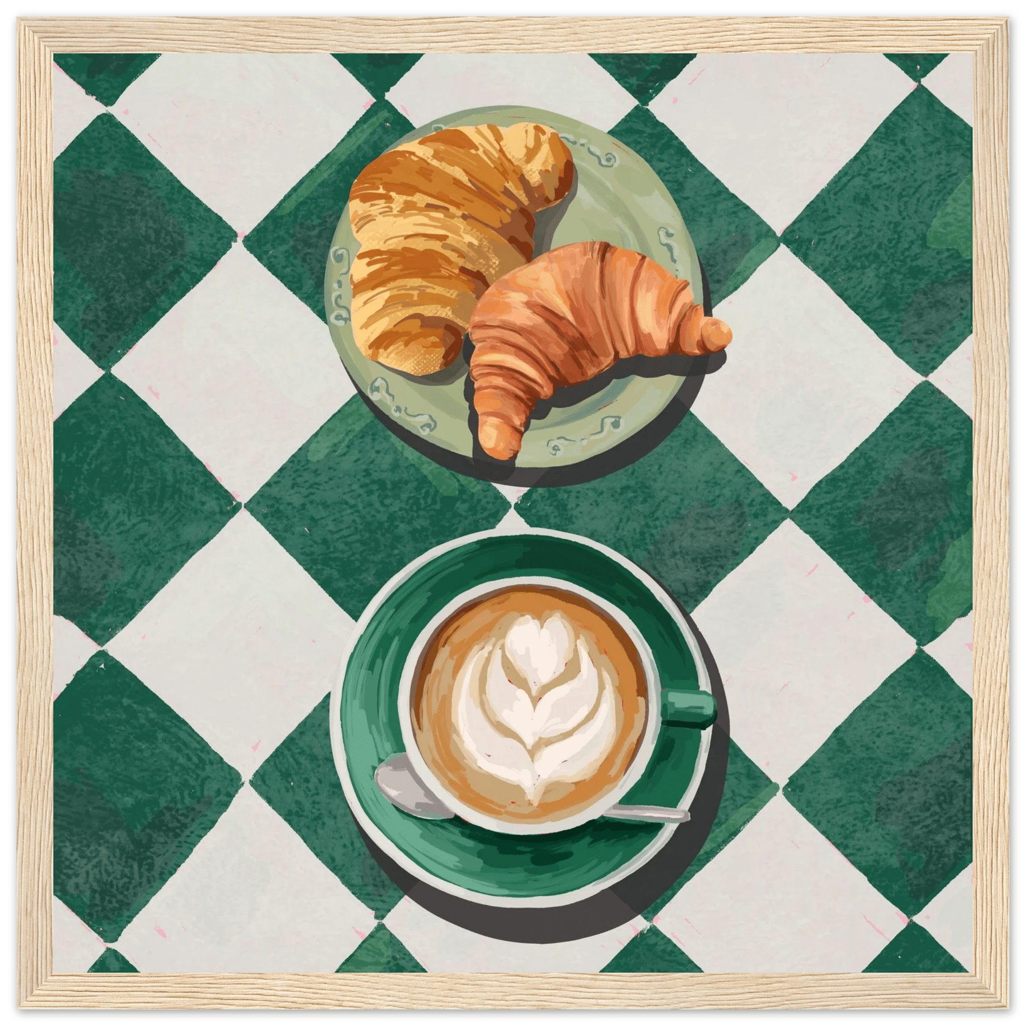 Croissant & Latte Poster | Classic Kitchen Wall Art | Green Tile Square Breakfast Print - Evergreen Posters - 14