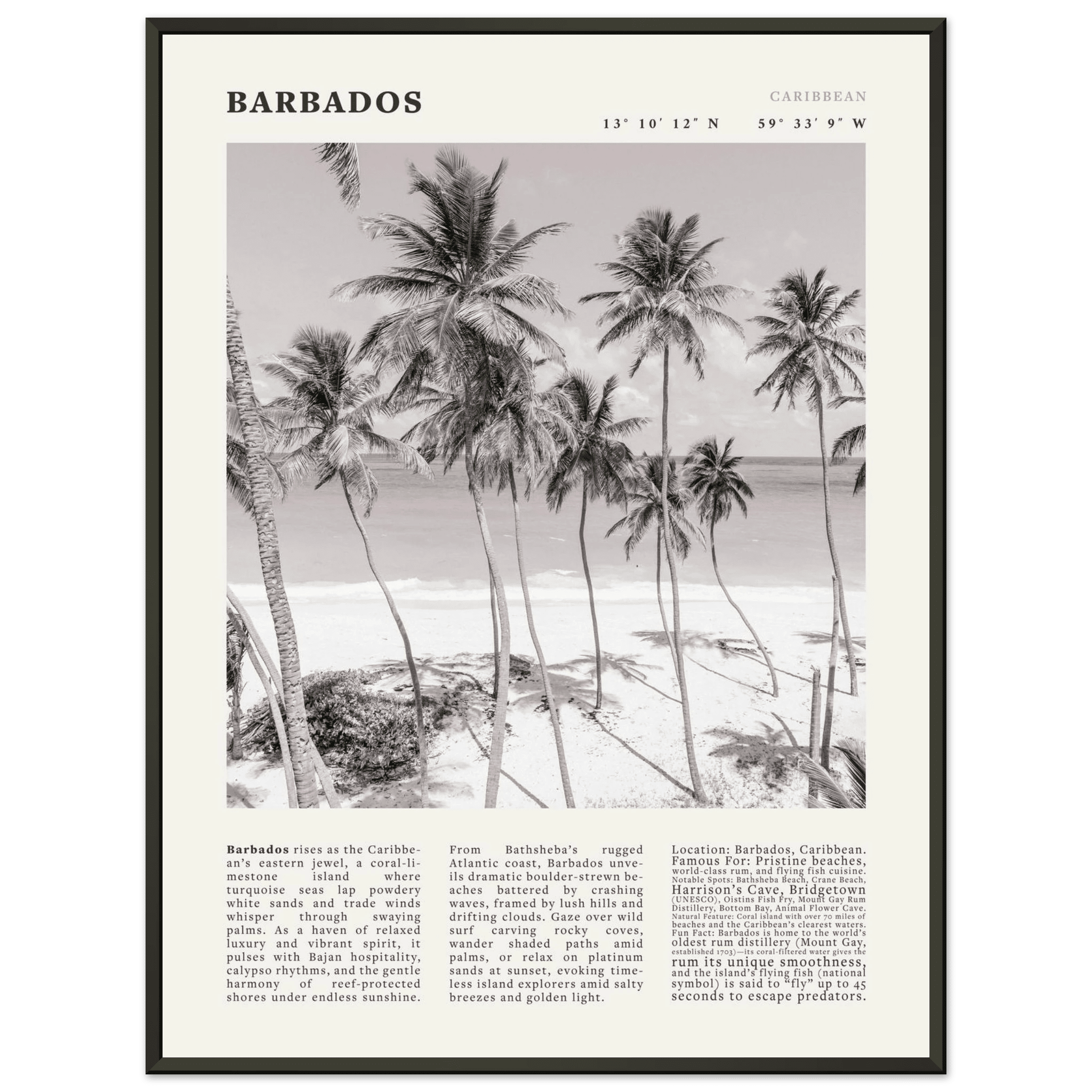 Barbados Poster Black and White – Vintage Caribbean Palm Beach Print (Digital & Printed Options) - Evergreen Posters