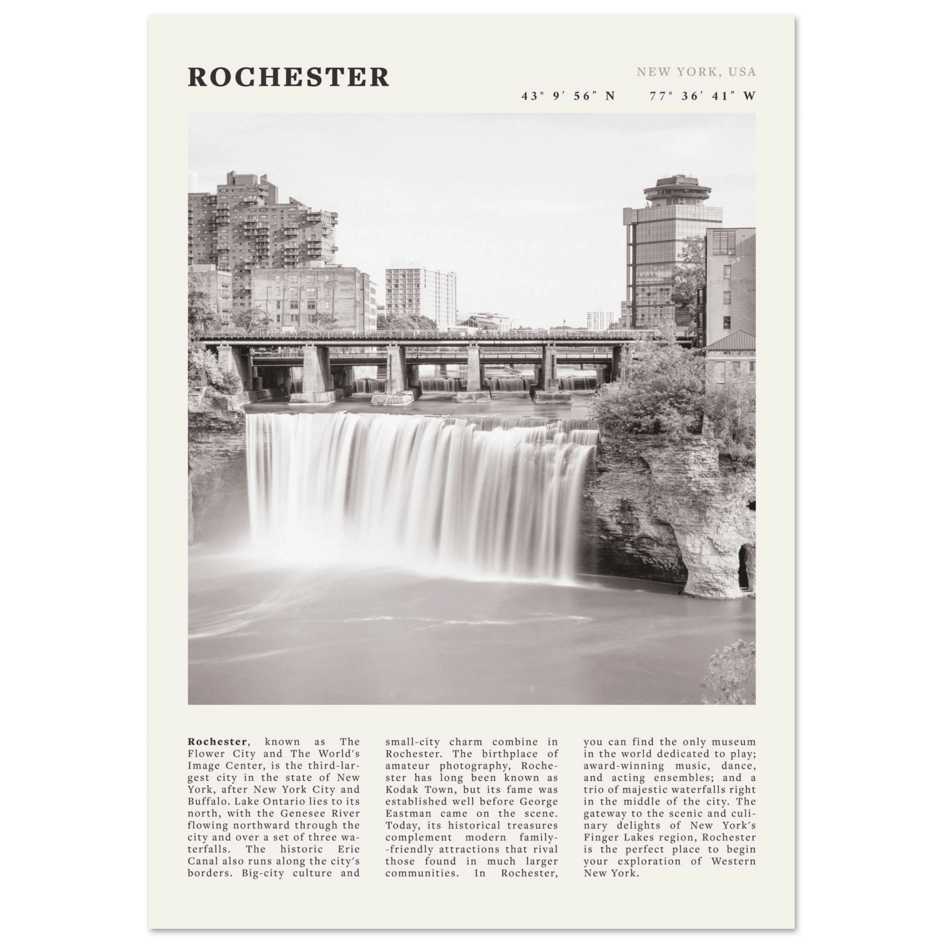 Rochester Poster | Black & White High Falls Wall Art | New York Travel Print - Evergreen Posters