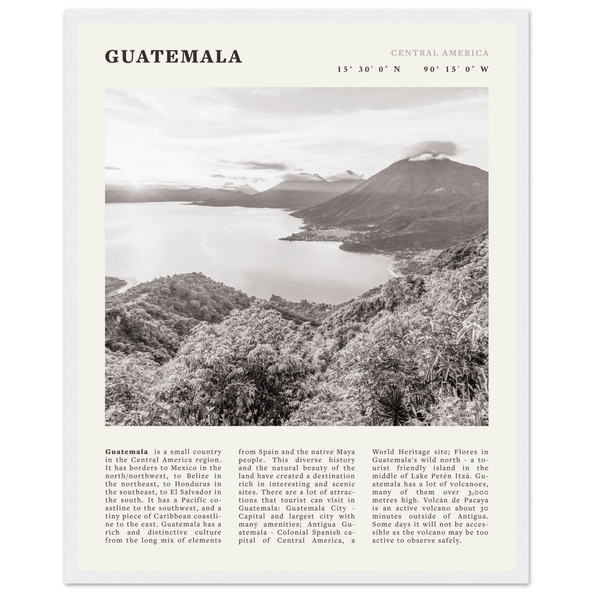 Guatemala Poster | Black & White Lake Atitlan Wall Art | Central America Travel Print - Evergreen Posters