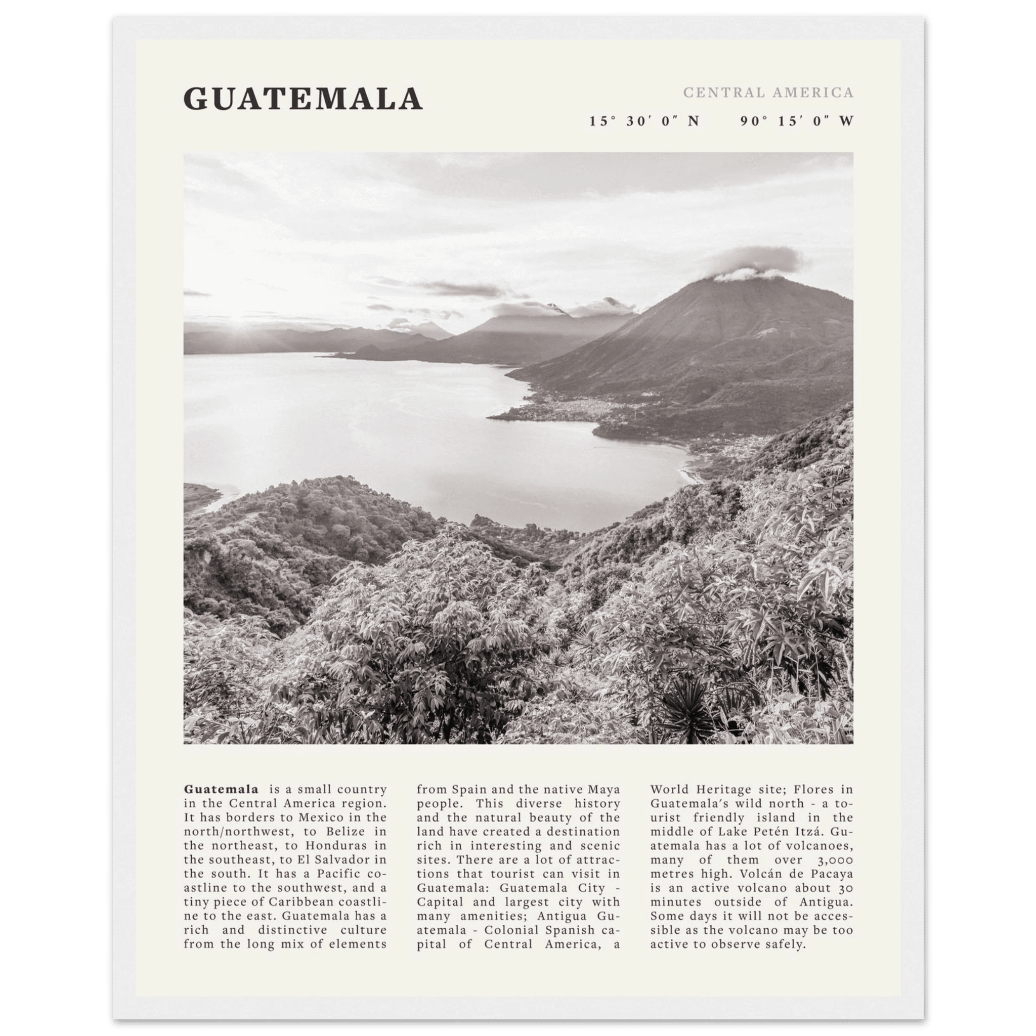 Guatemala Poster | Black & White Lake Atitlan Wall Art | Central America Travel Print - Evergreen Posters