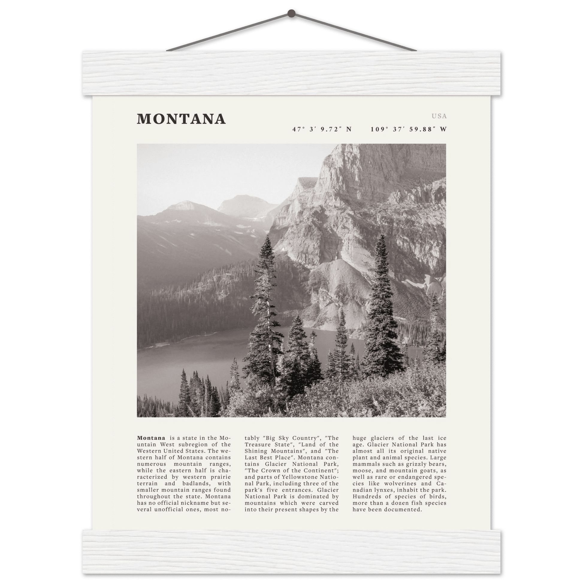 Montana Poster | Black & White Glacier National Park Wall Art | Nature Travel Print - Evergreen Posters