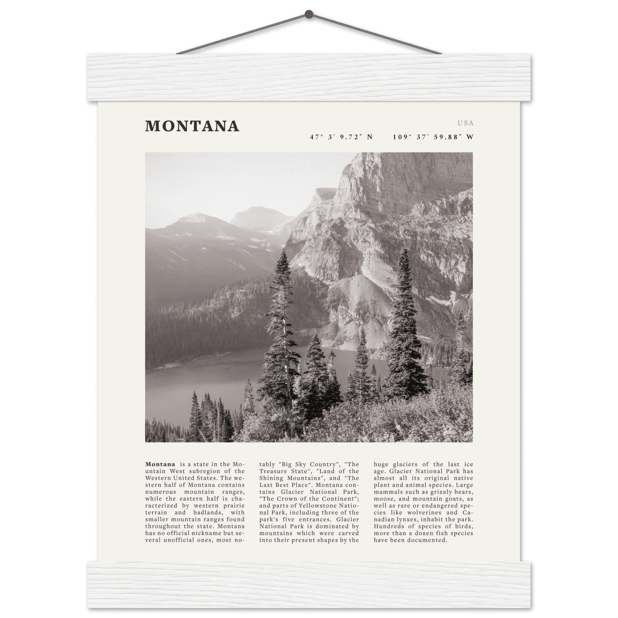 Montana Poster | Black & White Glacier National Park Wall Art | Nature Travel Print - Evergreen Posters