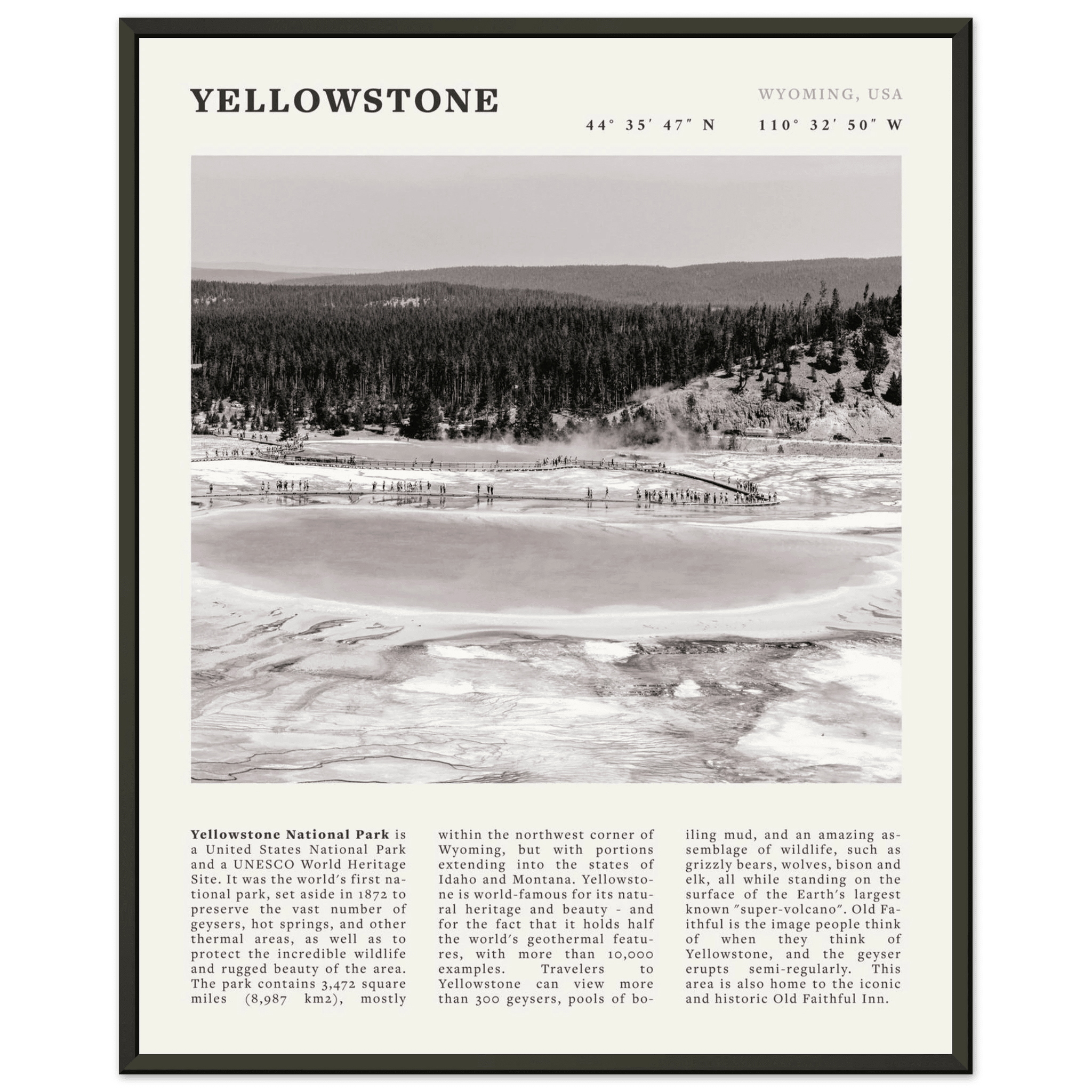 Yellowstone Poster | Black & White Grand Prismatic Spring Wall Art | WY Print - Evergreen Posters