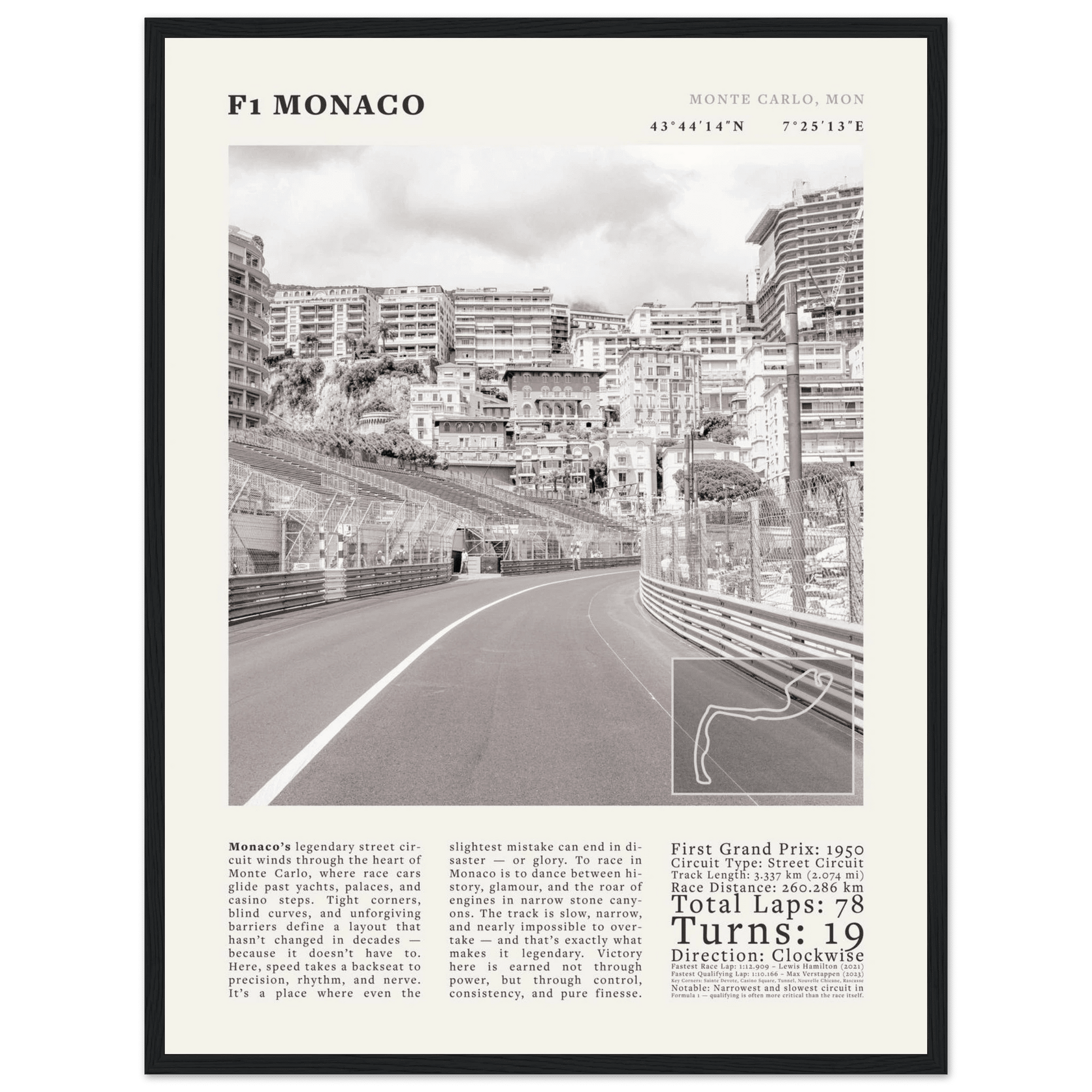 F1 Monaco Poster Black and White – Vintage Monte Carlo Street Circuit Print (Digital & Printed Options) - Evergreen Posters