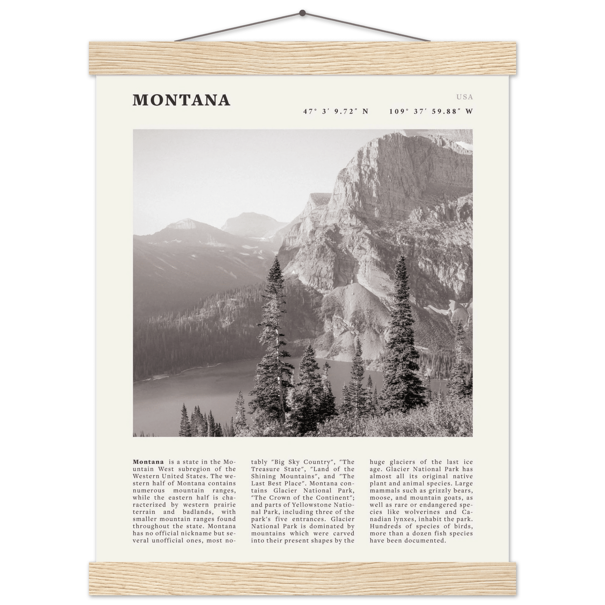 Montana Poster | Black & White Glacier National Park Wall Art | Nature Travel Print - Evergreen Posters
