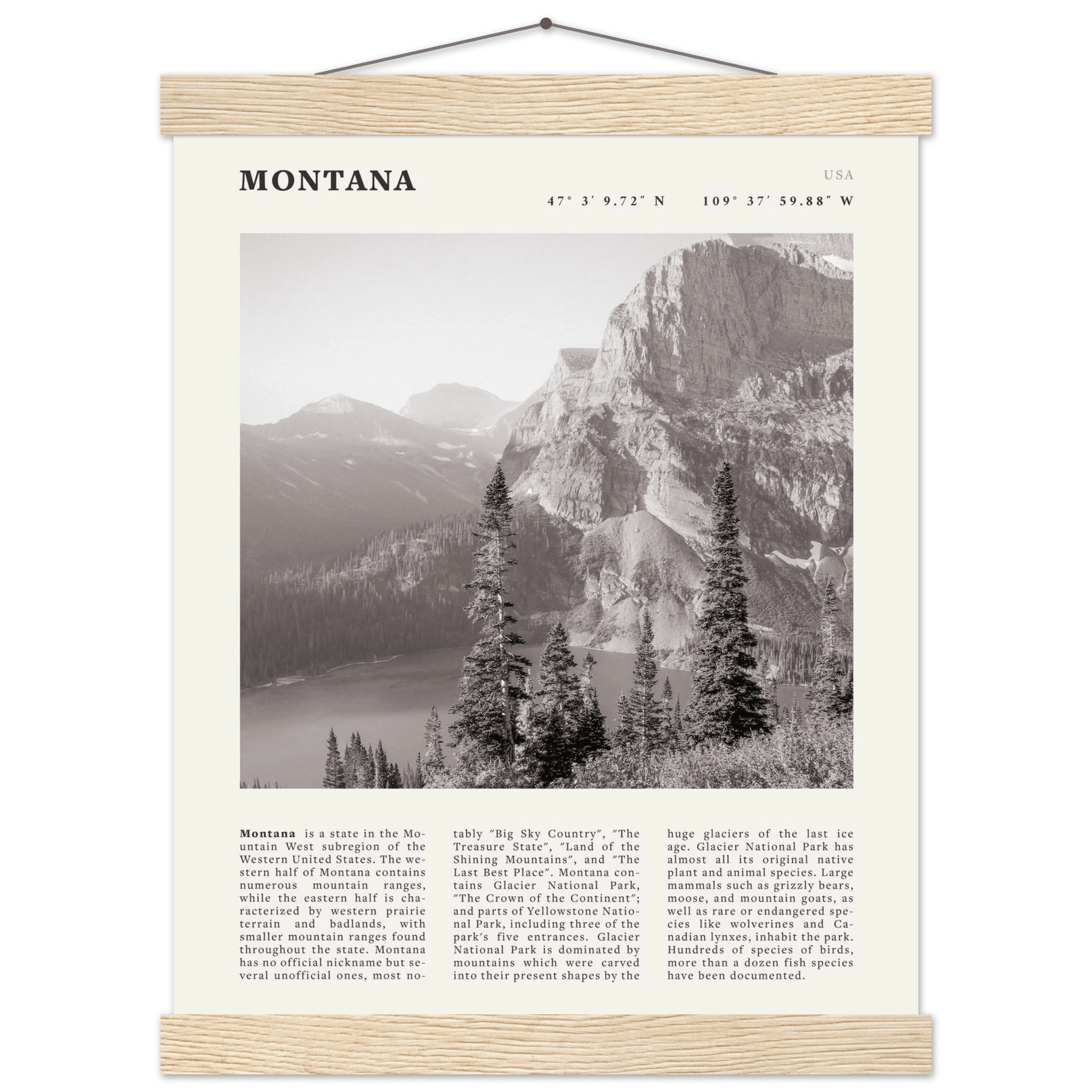 Montana Poster | Black & White Glacier National Park Wall Art | Nature Travel Print - Evergreen Posters