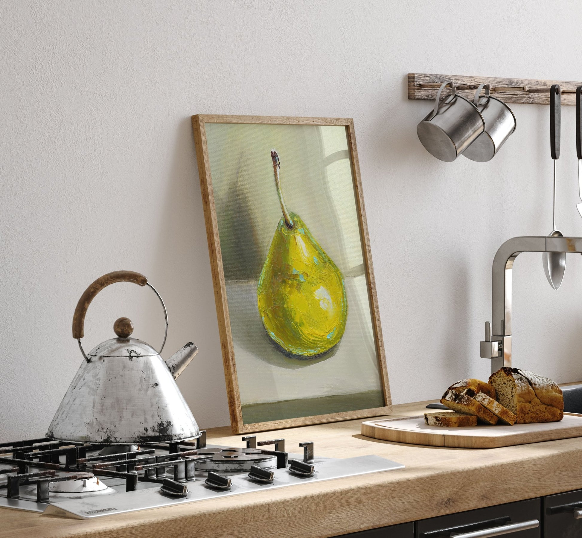 Pear Print | Green Pear Oil Painting Wall Art | Kitchen Poster - Evergreen Posters