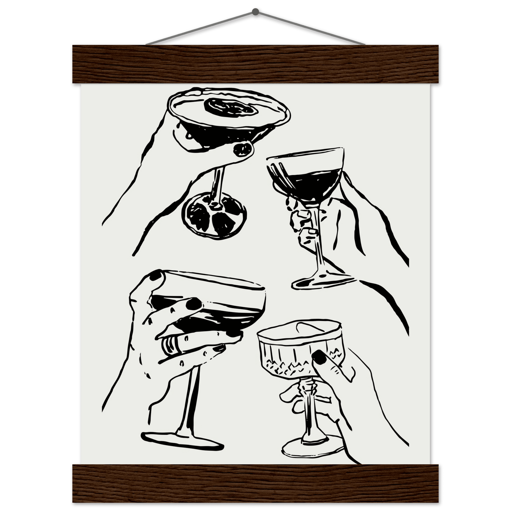 Cheers Print | Black Line Art Cocktail Glasses Wall Art | Kitchen Bar Poster - Evergreen Posters