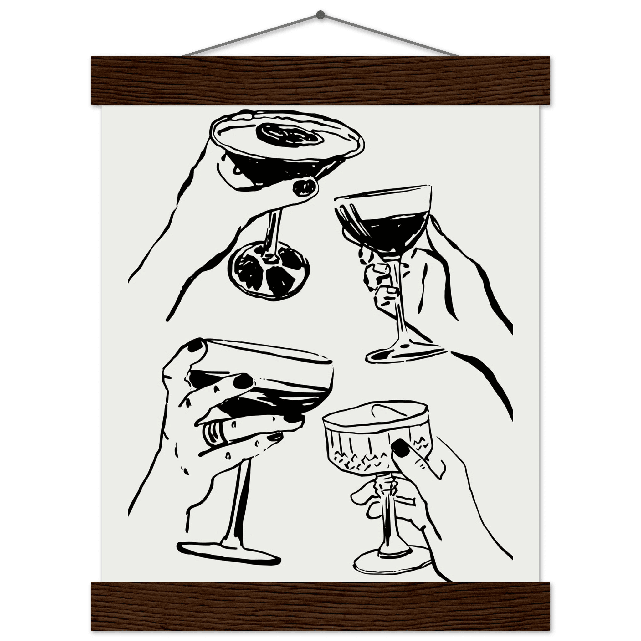 Cheers Print | Black Line Art Cocktail Glasses Wall Art | Kitchen Bar Poster - Evergreen Posters