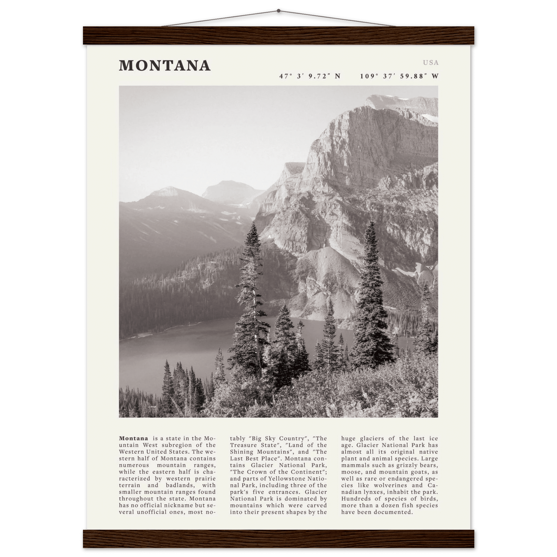 Montana Poster | Black & White Glacier National Park Wall Art | Nature Travel Print - Evergreen Posters