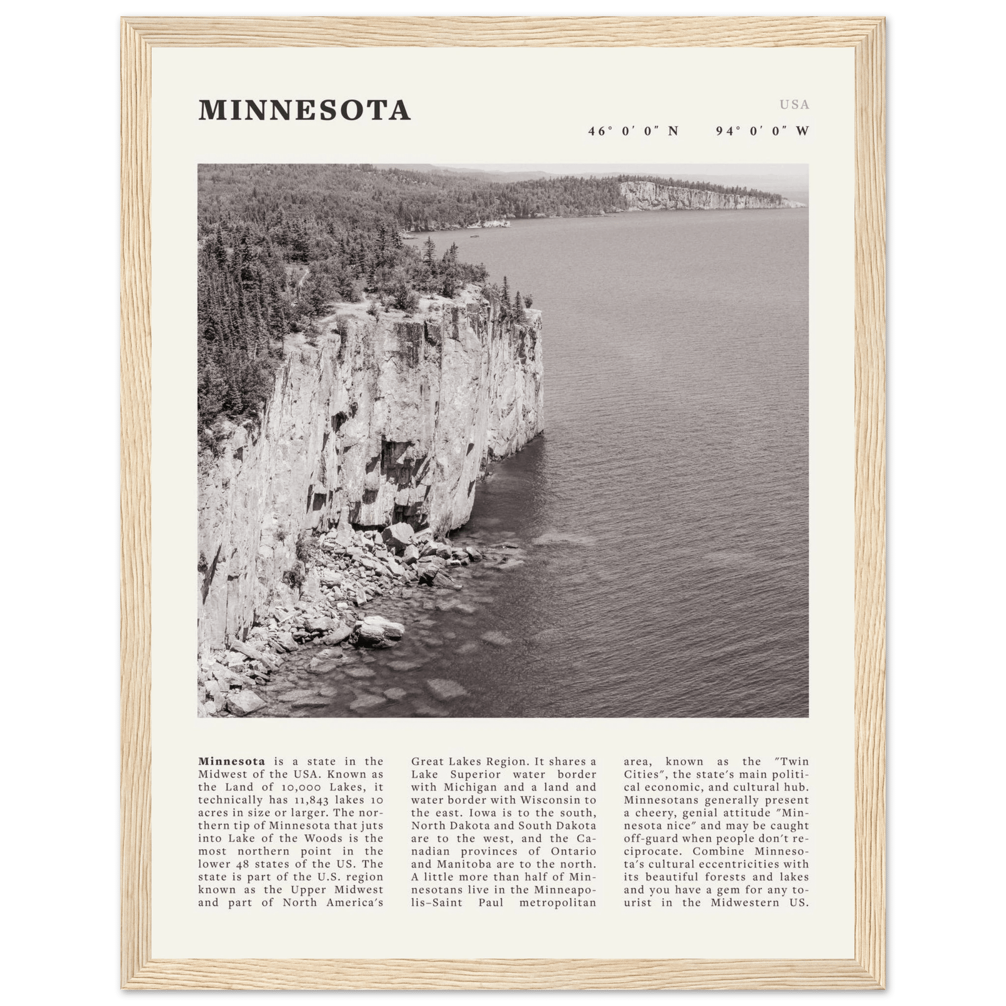 Minnesota Poster | Black & White Lake Superior Wall Art | USA Nature Travel Print - Evergreen Posters