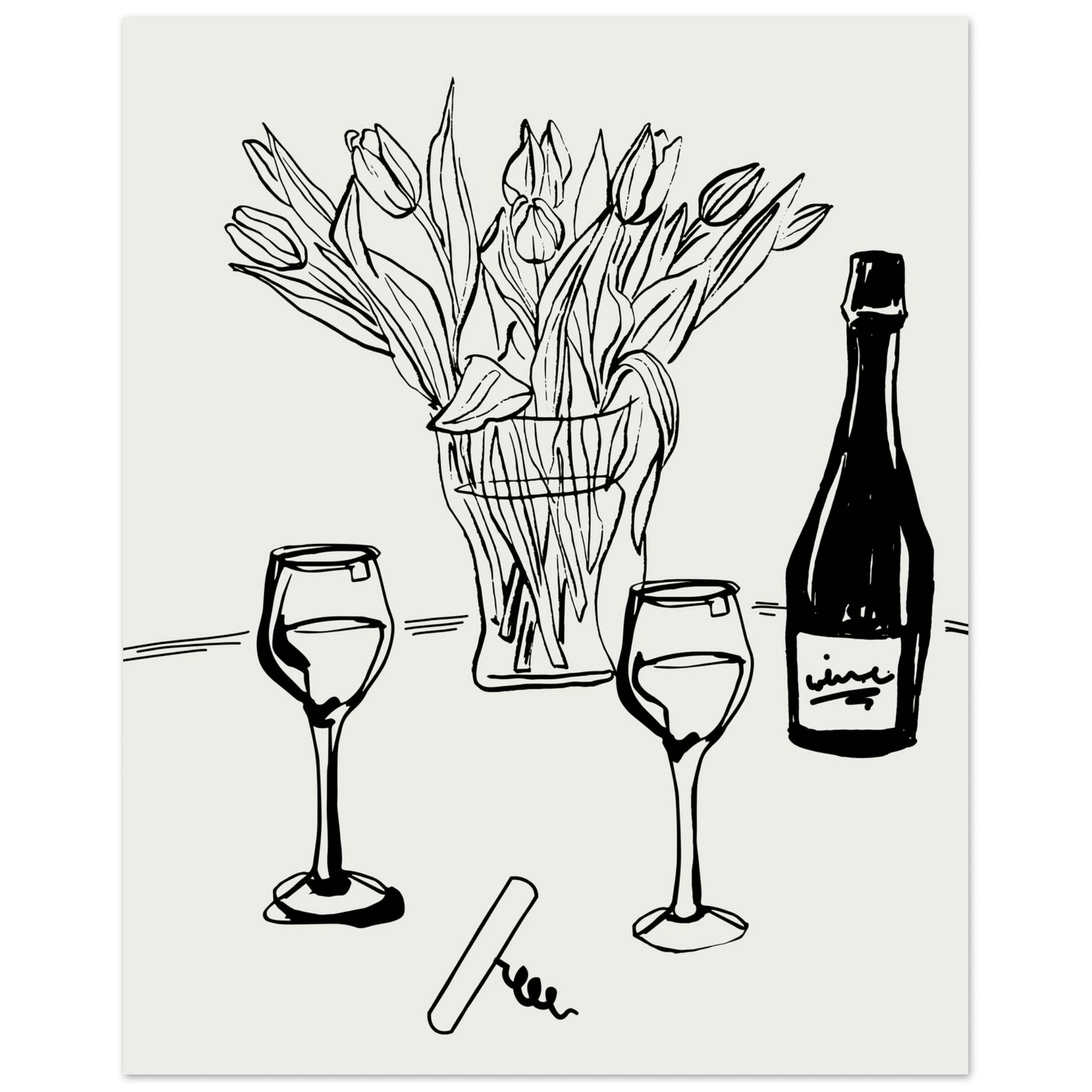 Wine & Tulips Print | Black Line Art Wine Bottle Wall Art | Minimalist Kitchen Poster - Evergreen Posters