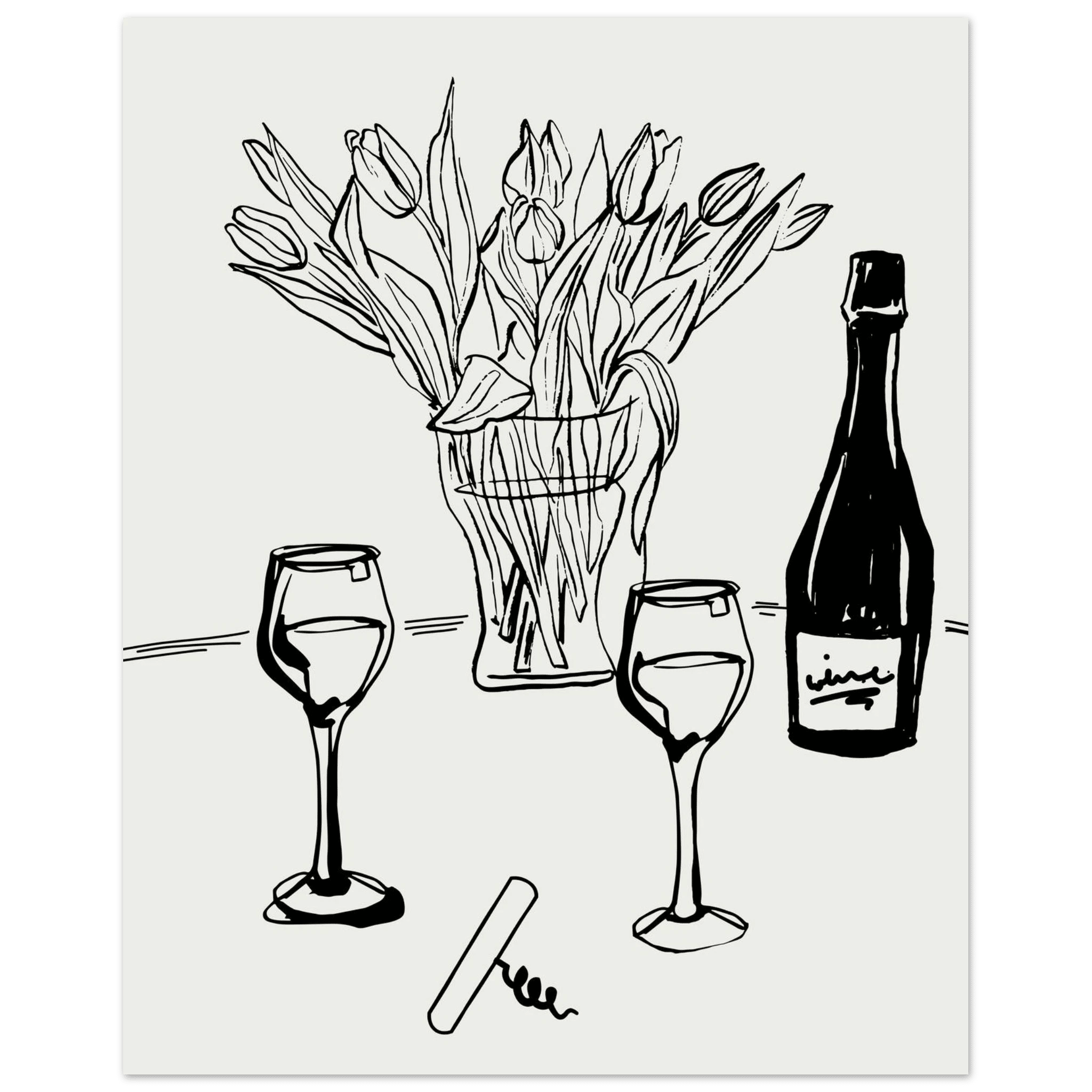 Wine & Tulips Print | Black Line Art Wine Bottle Wall Art | Minimalist Kitchen Poster - Evergreen Posters