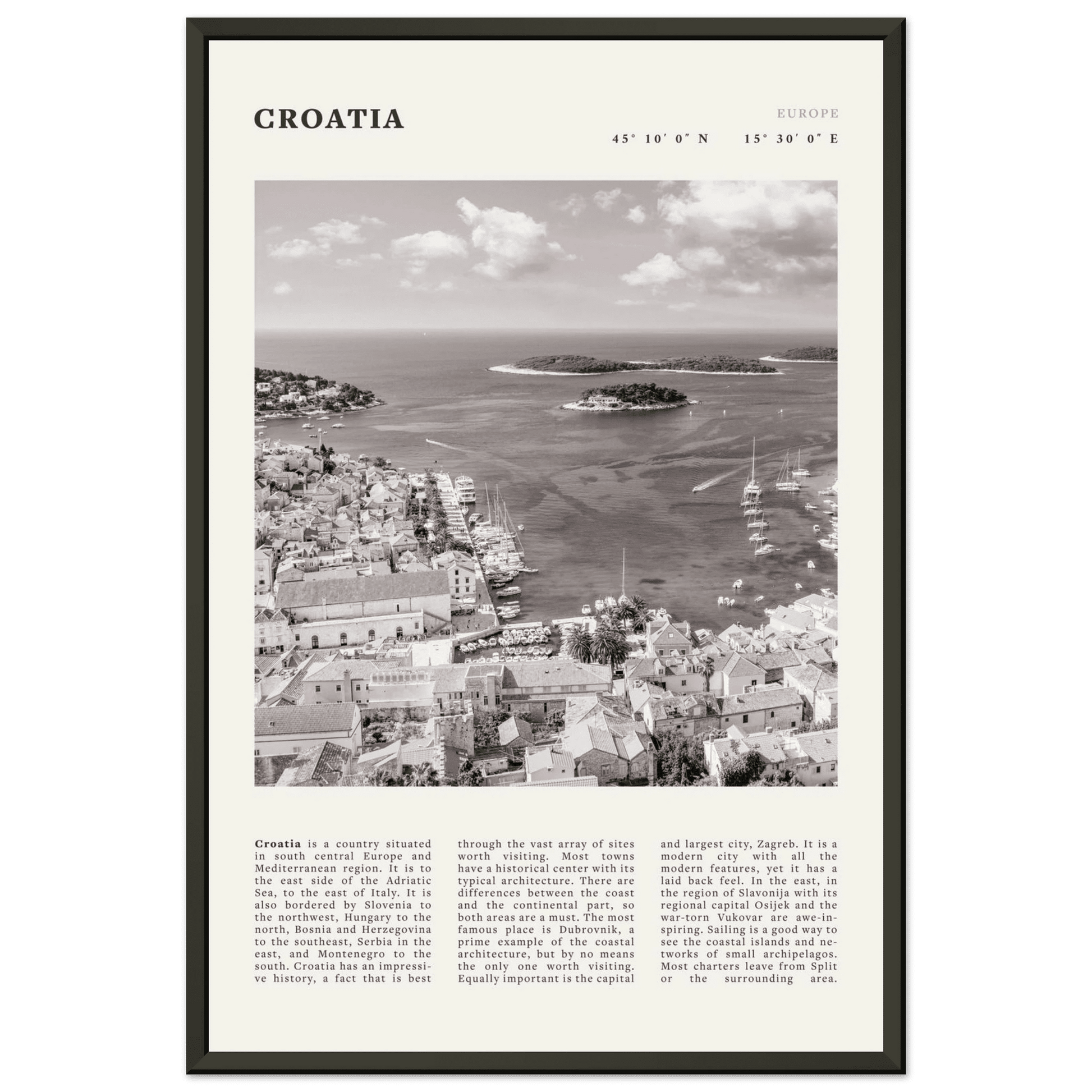 Croatia Poster | Black & White Hvar Island Wall Art | Adriatic Travel Print Decor - Evergreen Posters
