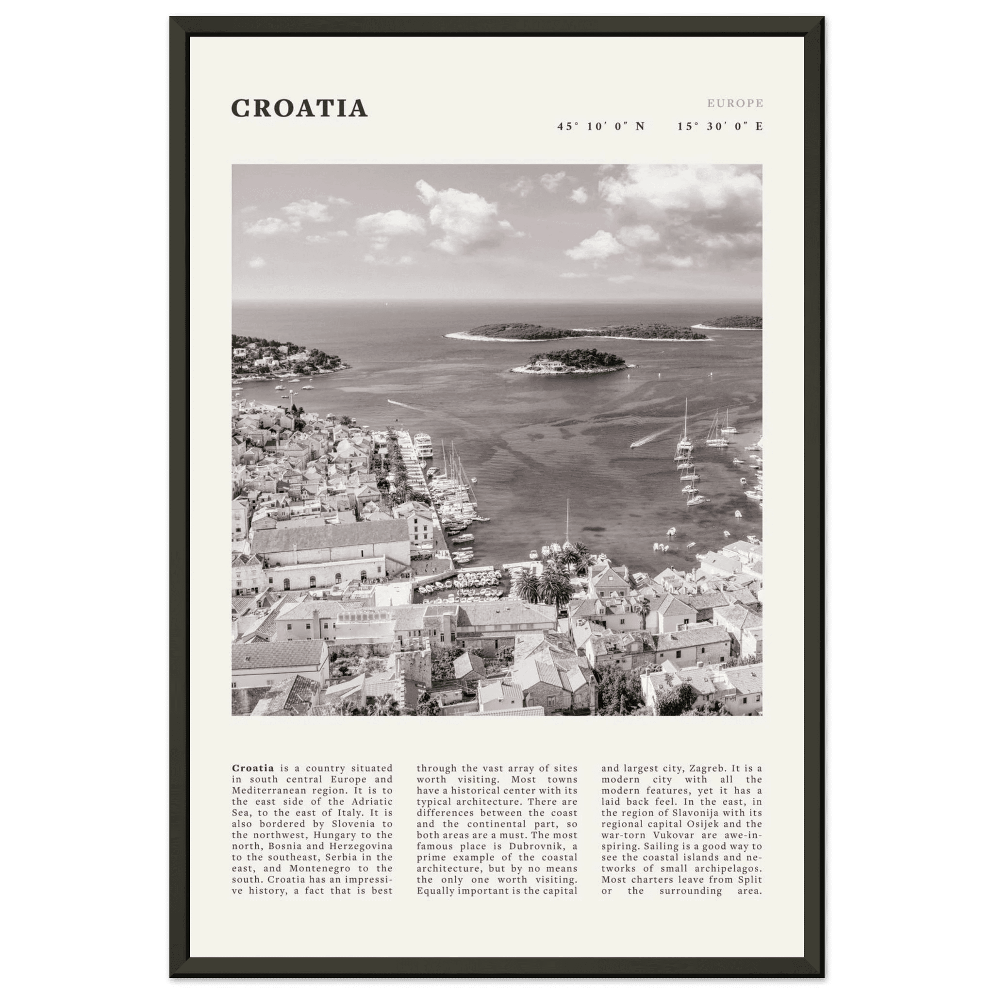 Croatia Poster | Black & White Hvar Island Wall Art | Adriatic Travel Print Decor - Evergreen Posters