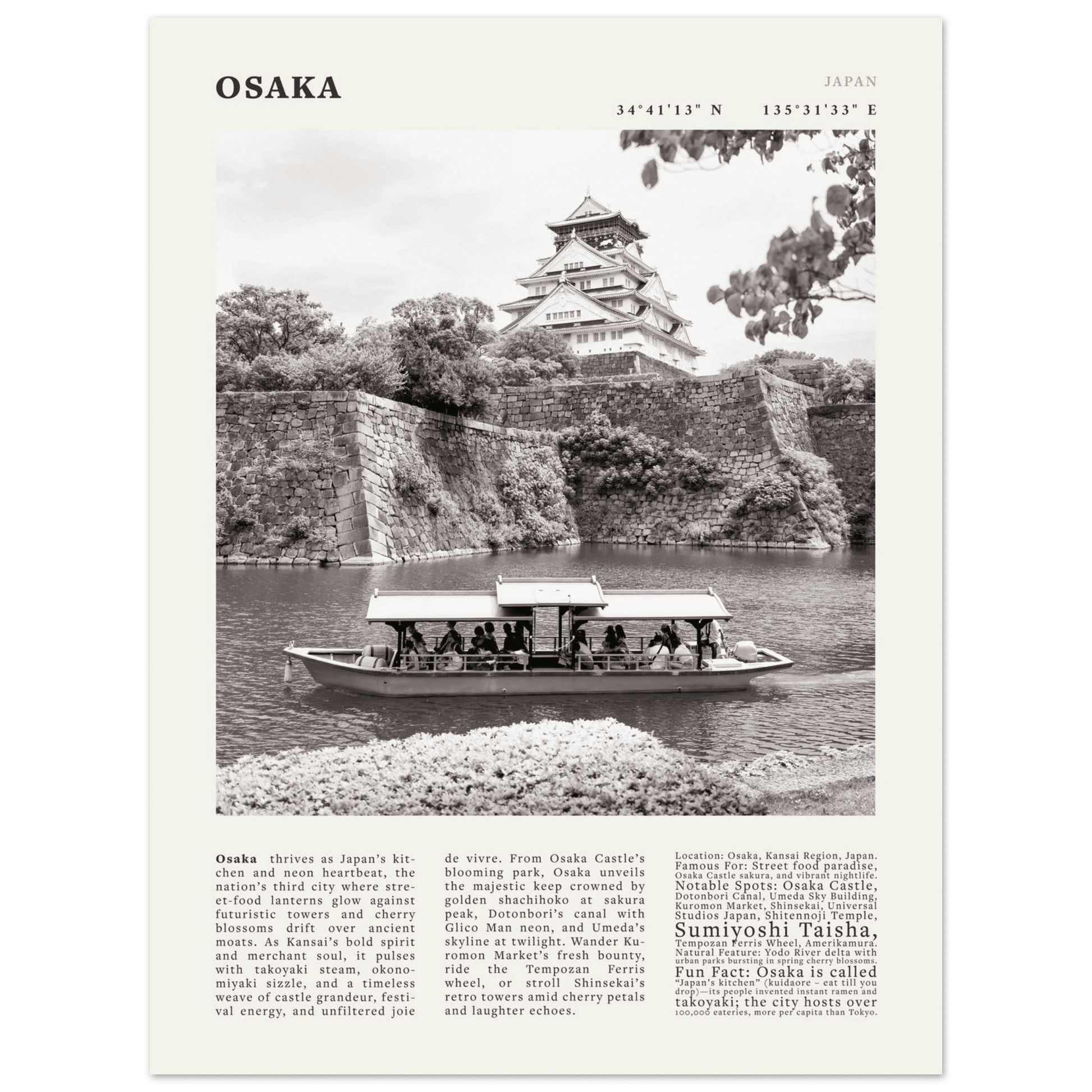 Osaka Poster Black and White – Vintage Osaka Castle Cherry Blossom Print (Digital & Printed Options) - Evergreen Posters