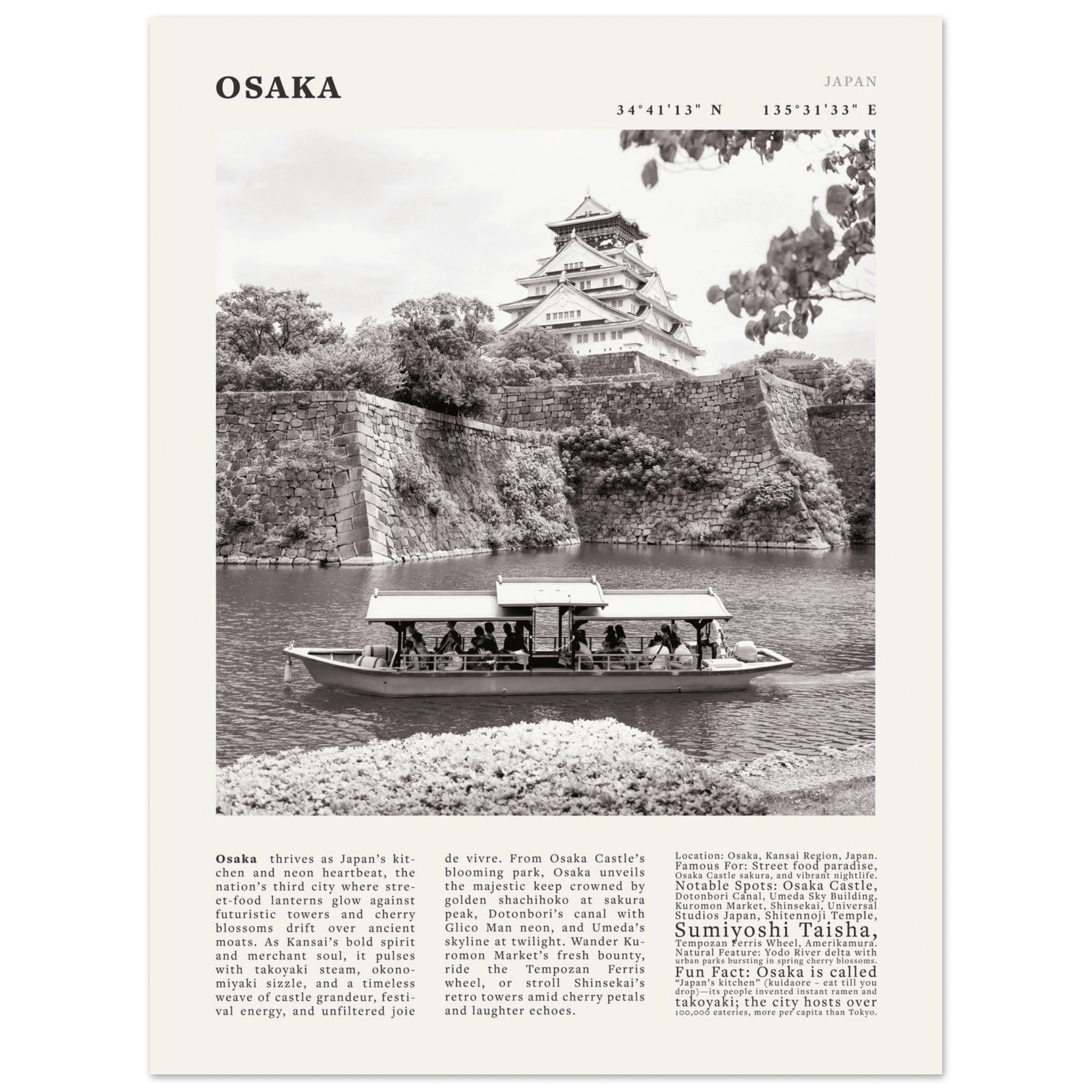 Osaka Poster Black and White – Vintage Osaka Castle Cherry Blossom Print (Digital & Printed Options) - Evergreen Posters