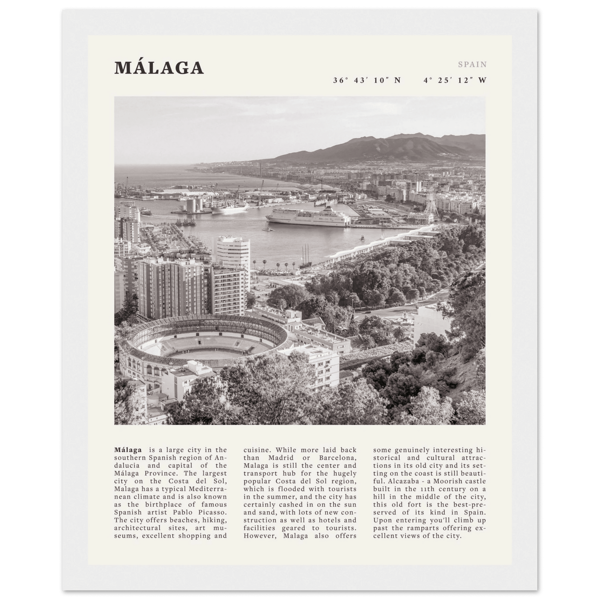 Málaga Poster | Black & White Costa del Sol Wall Art | Spain Travel Print - Evergreen Posters