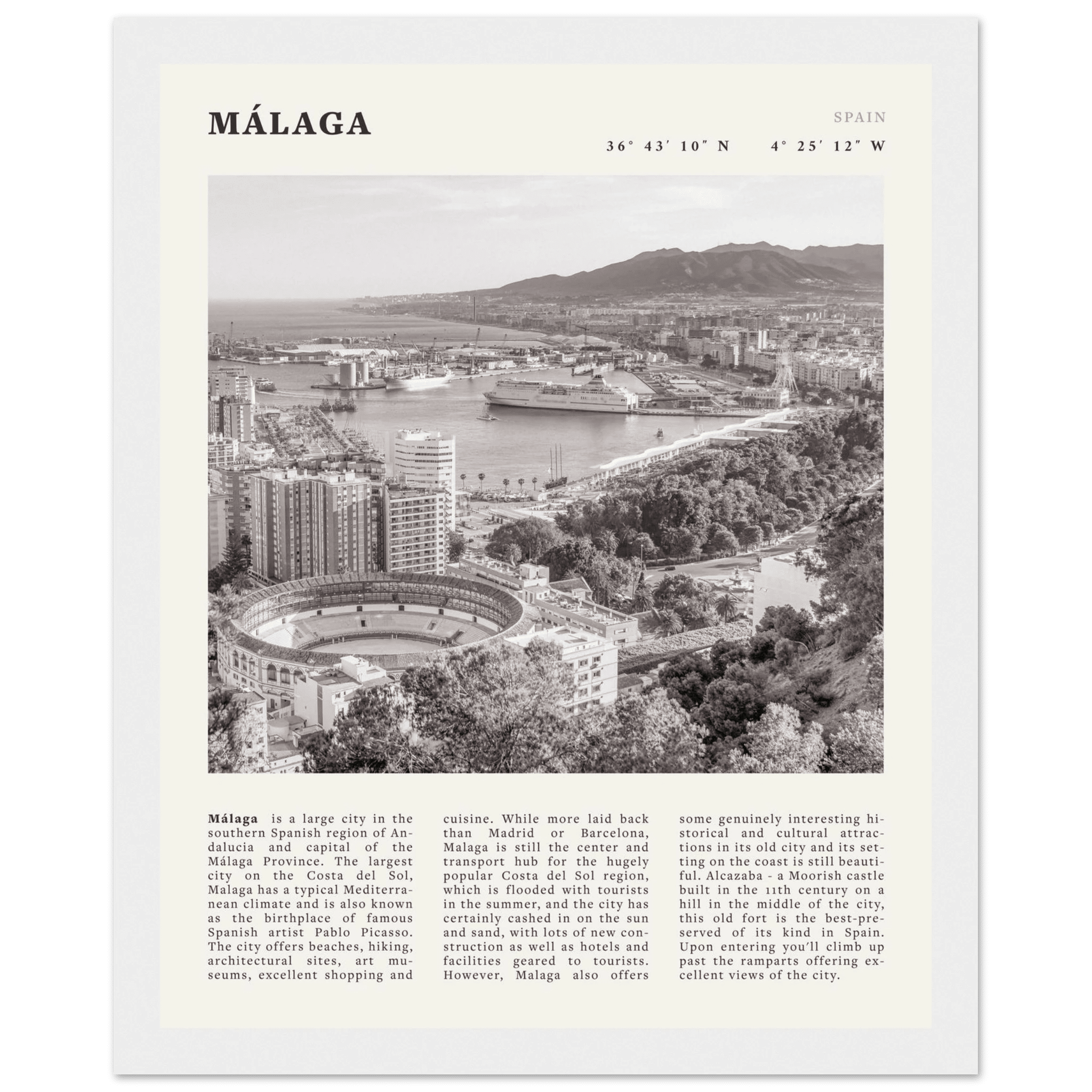 Málaga Poster | Black & White Costa del Sol Wall Art | Spain Travel Print - Evergreen Posters