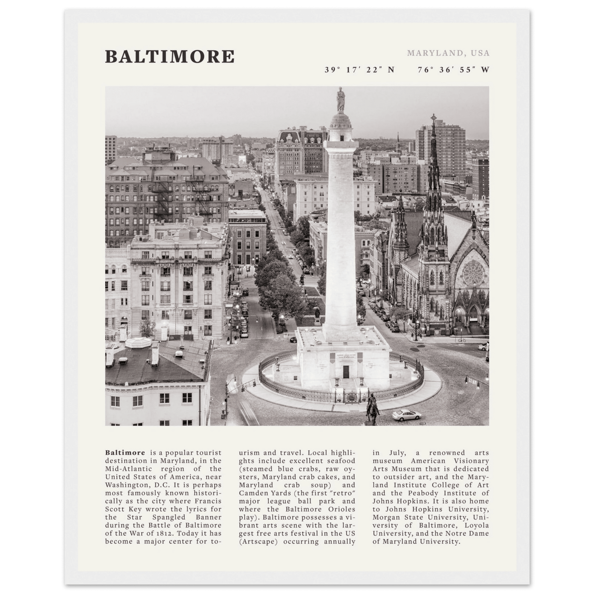 Baltimore Poster | Black & White Maryland City Wall Art | USA Travel Print - Evergreen Posters