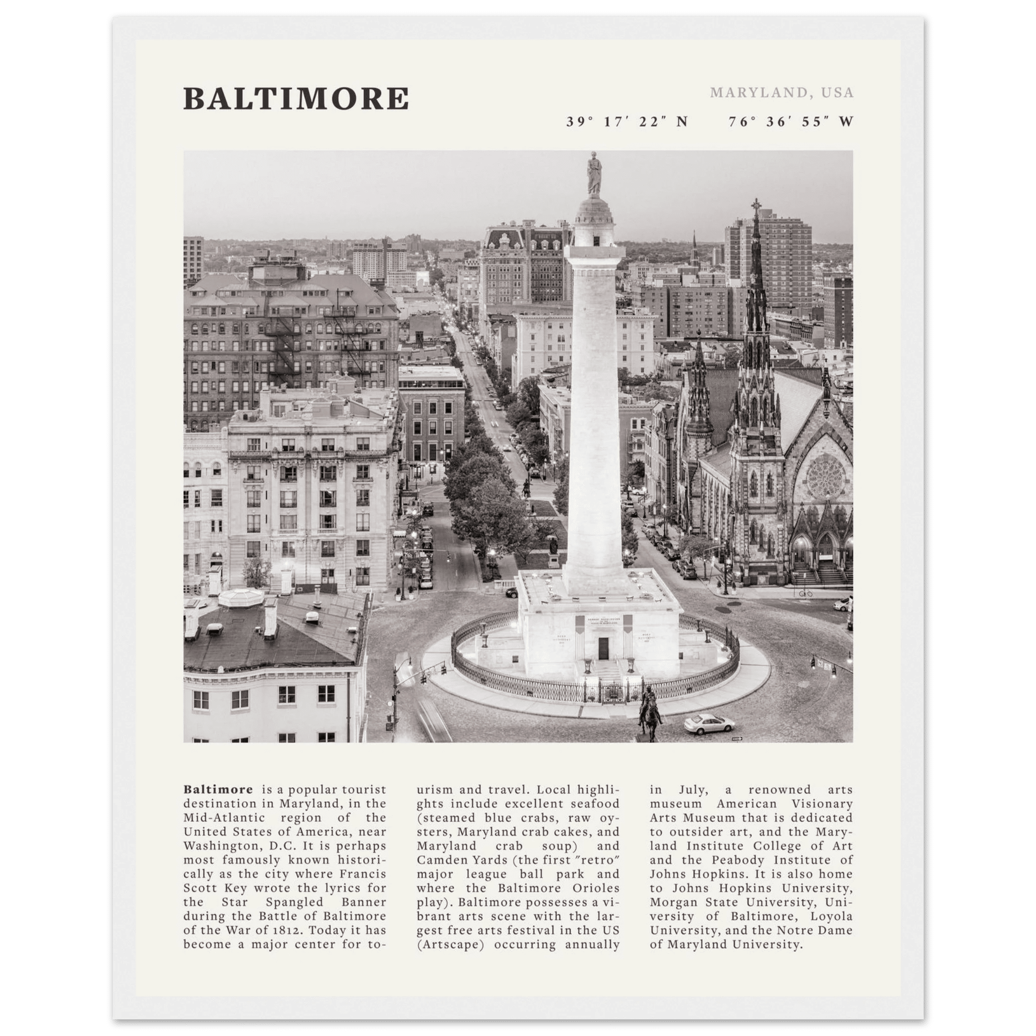 Baltimore Poster | Black & White Maryland City Wall Art | USA Travel Print - Evergreen Posters