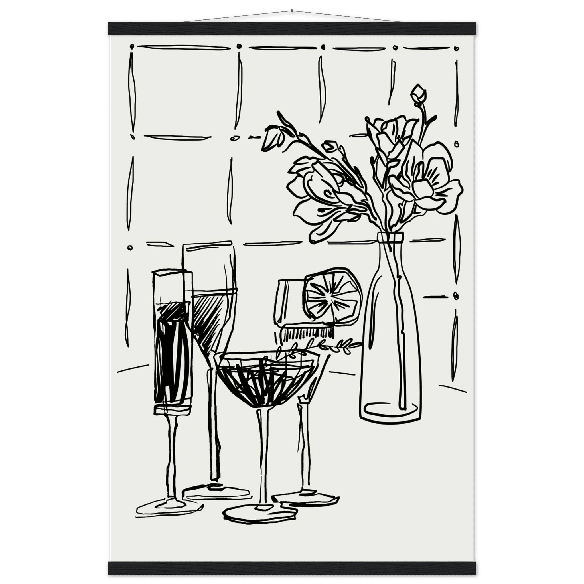 Cocktails & Flowers Print | Black Line Art Drinks Wall Art | Kitchen Bar Poster - Evergreen Posters
