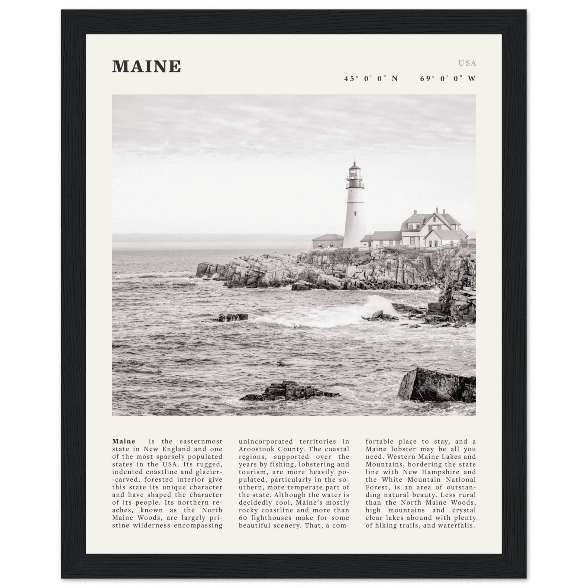 Maine Poster | Black & White Lighthouse Wall Art | New England Coastal Travel Print - Evergreen Posters