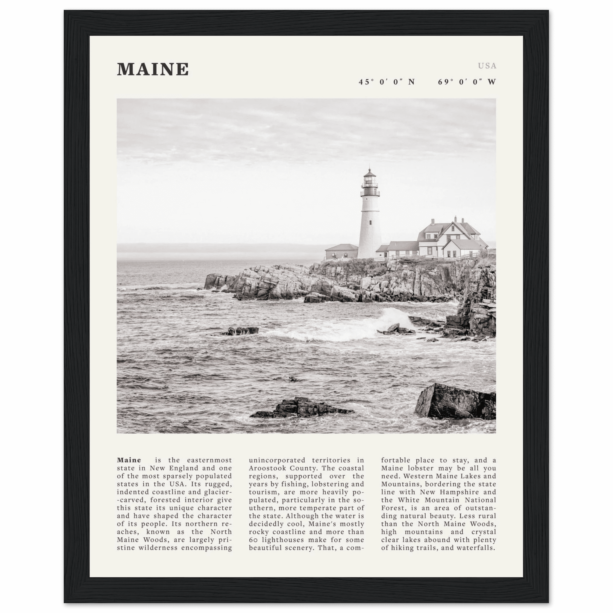 Maine Poster | Black & White Lighthouse Wall Art | New England Coastal Travel Print - Evergreen Posters