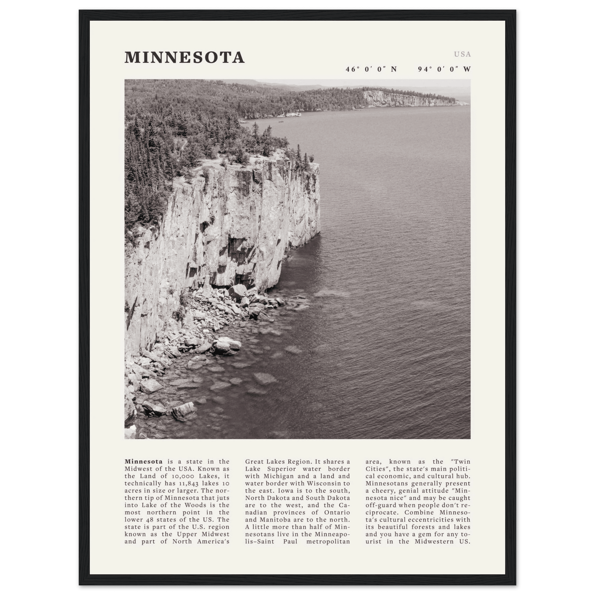 Minnesota Poster | Black & White Lake Superior Wall Art | USA Nature Travel Print - Evergreen Posters