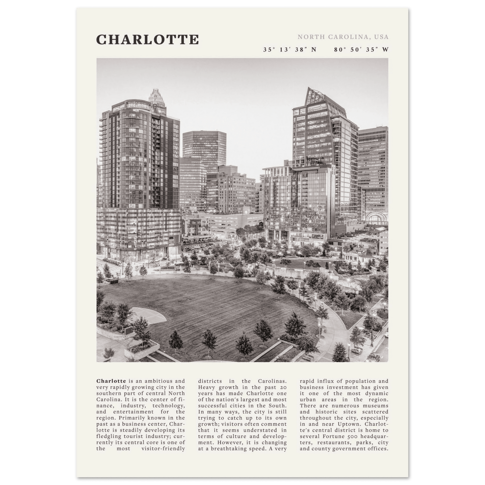 Charlotte Poster | Black & White North Carolina Skyline Wall Art | NC Travel Print - Evergreen Posters