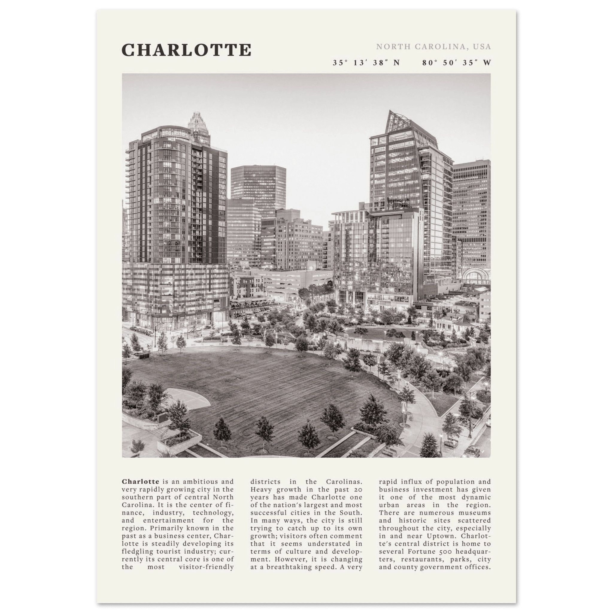 Charlotte Poster | Black & White North Carolina Skyline Wall Art | NC Travel Print - Evergreen Posters