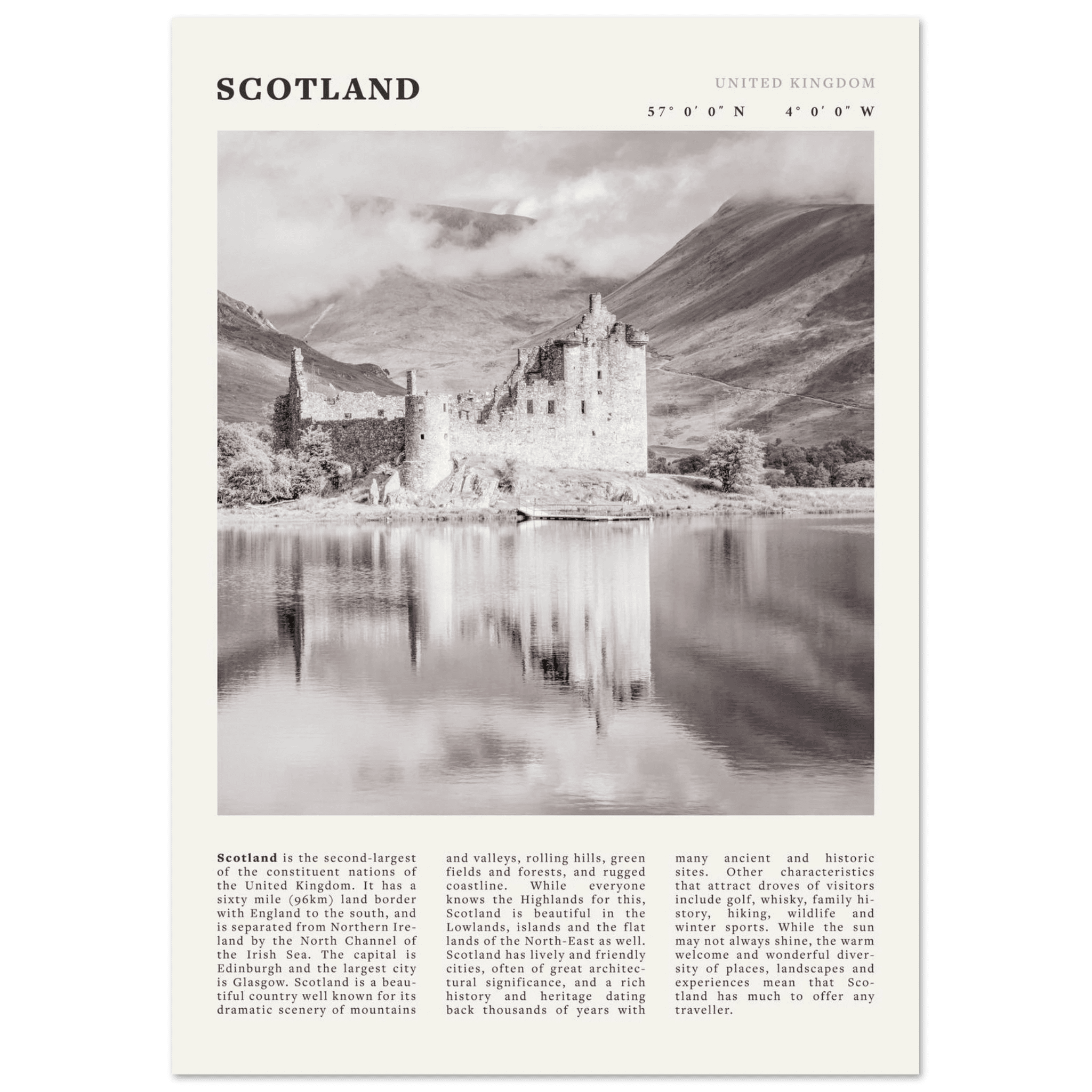 Scotland Poster | Black & White Highland Castle Wall Art | UK Travel Print Decor - Evergreen Posters