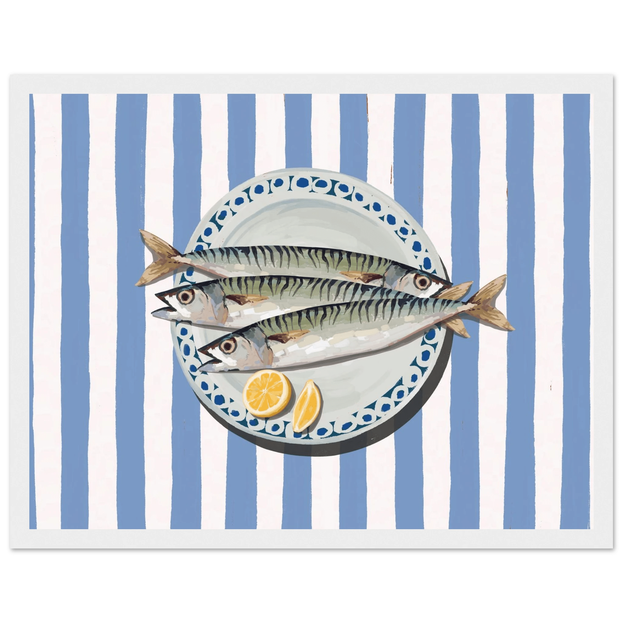 Sardines Print | Blue Stripe Fish Kitchen Wall Art | Coastal Food Poster - Evergreen Posters