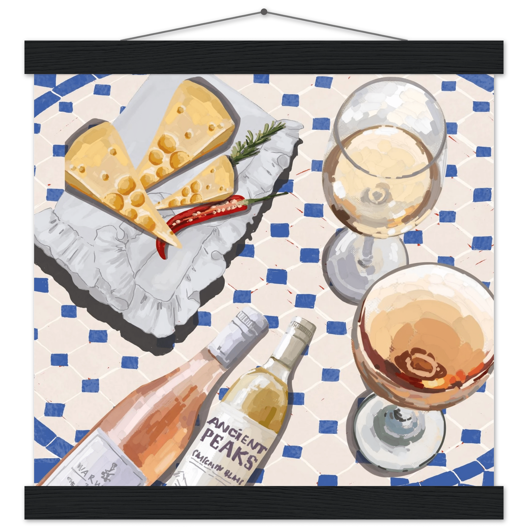 Wine & Cheese Poster | Food Wall Art | Blue Tile Square Kitchen Print - Evergreen Posters - 16