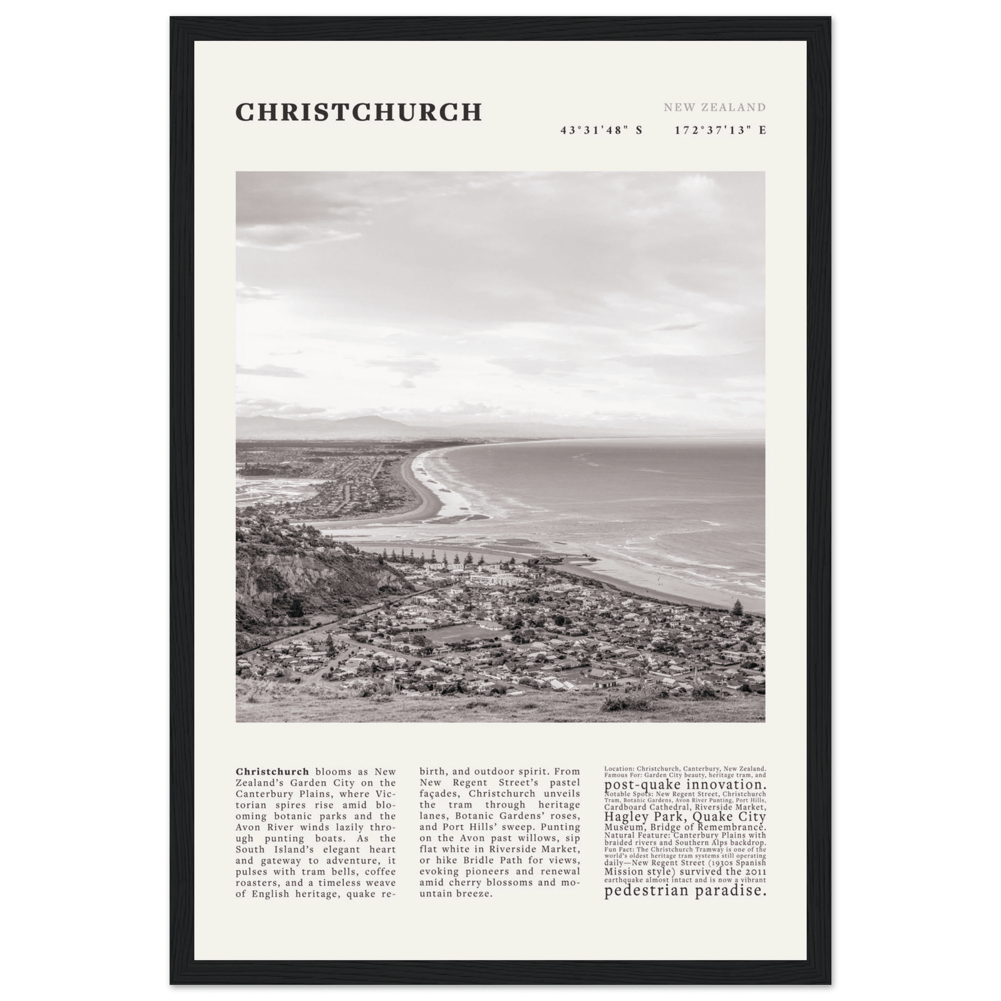 Christchurch New Zealand Poster Black and White – Vintage Garden City Panorama Print - Evergreen Posters
