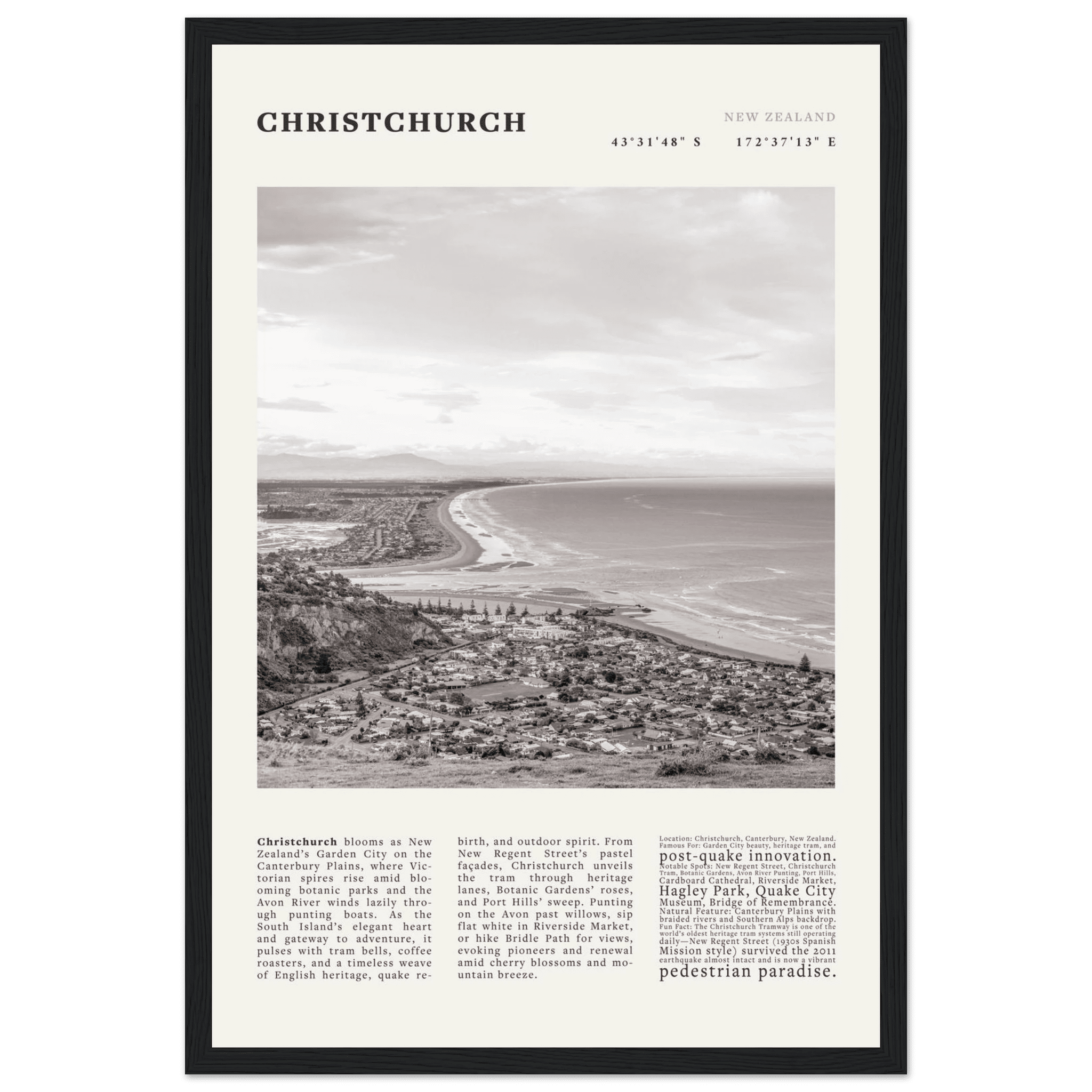 Christchurch New Zealand Poster Black and White – Vintage Garden City Panorama Print - Evergreen Posters