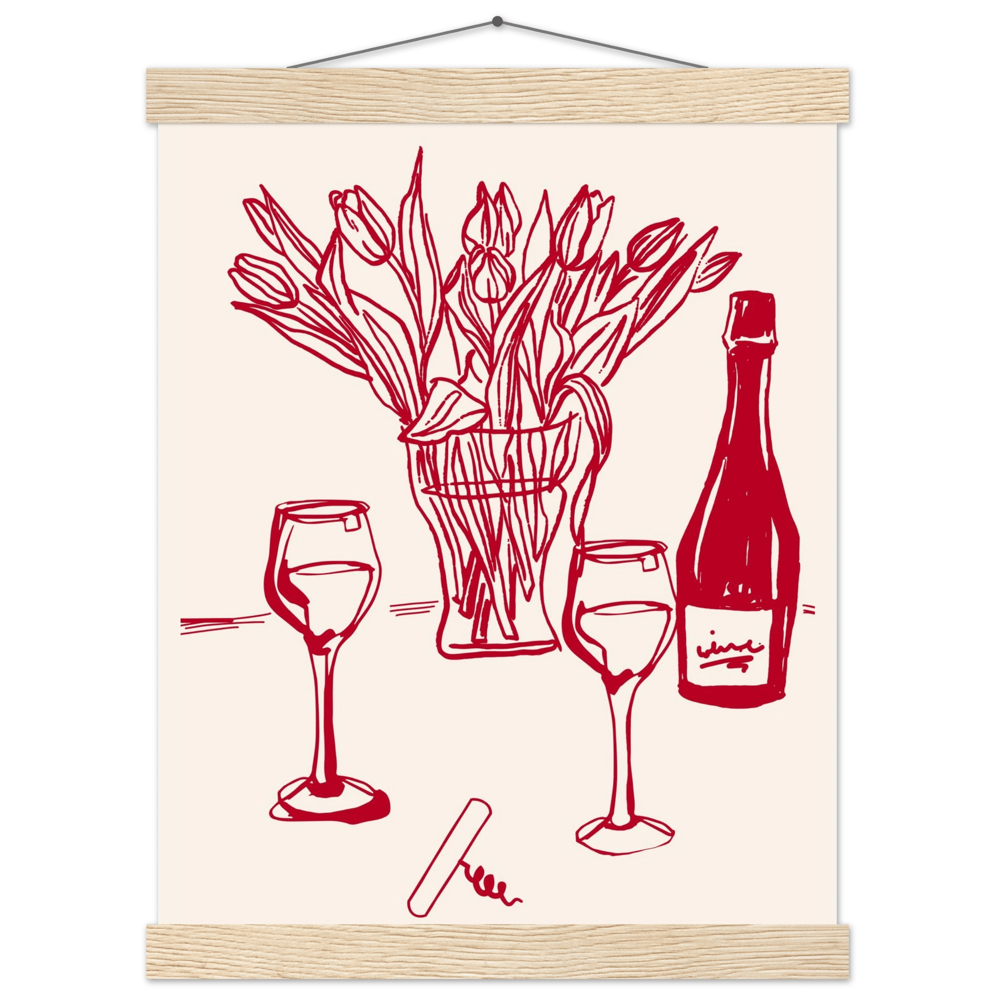 Red Wine & Tulips Print | Line Art Wine Bottle Wall Art | Kitchen Poster - Evergreen Posters