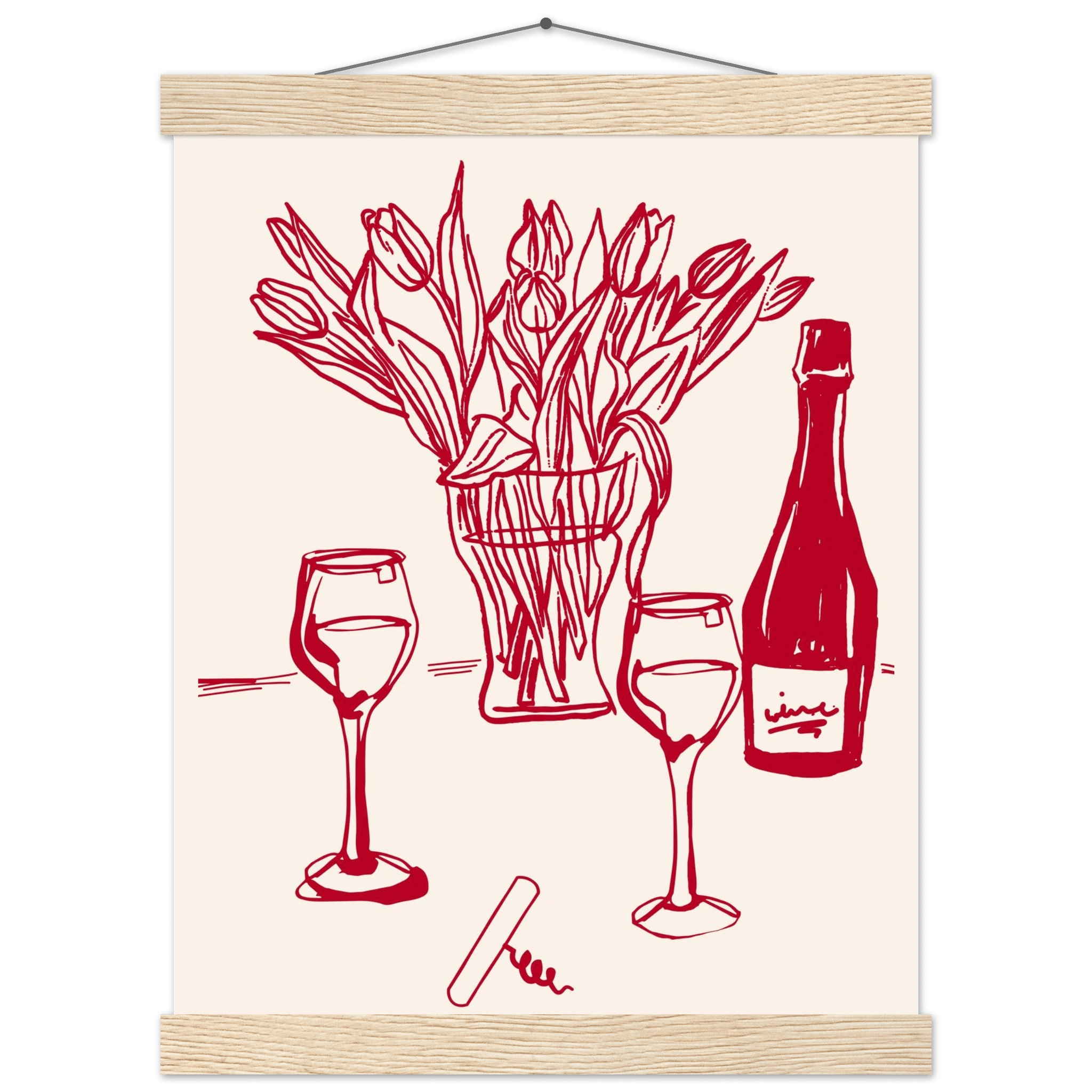 Red Wine & Tulips Print | Line Art Wine Bottle Wall Art | Kitchen Poster - Evergreen Posters