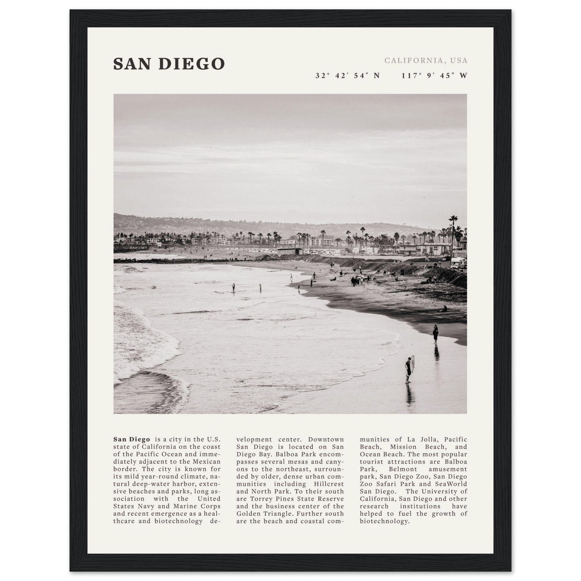 San Diego Poster | Black & White California Beach Wall Art | Coastal Travel Print Decor - Evergreen Posters