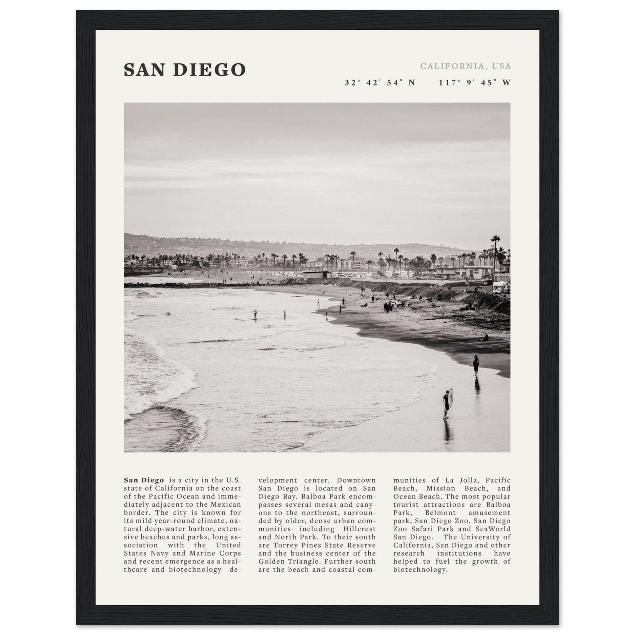 San Diego Poster | Black & White California Beach Wall Art | Coastal Travel Print Decor - Evergreen Posters