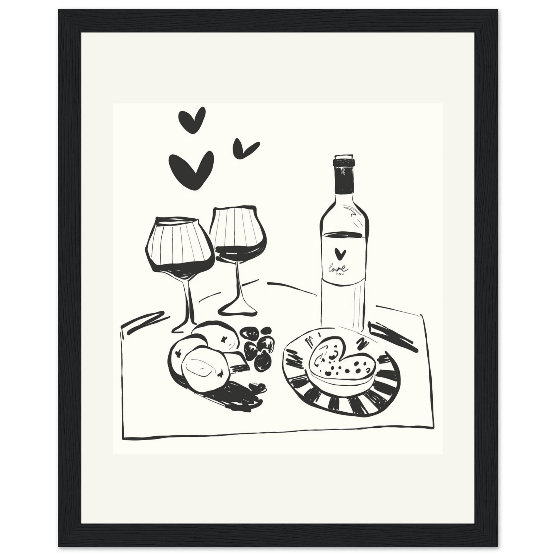 Wine for Two Print | Black Line Art Romantic Kitchen Wall Art | Couples Poster - Evergreen Posters